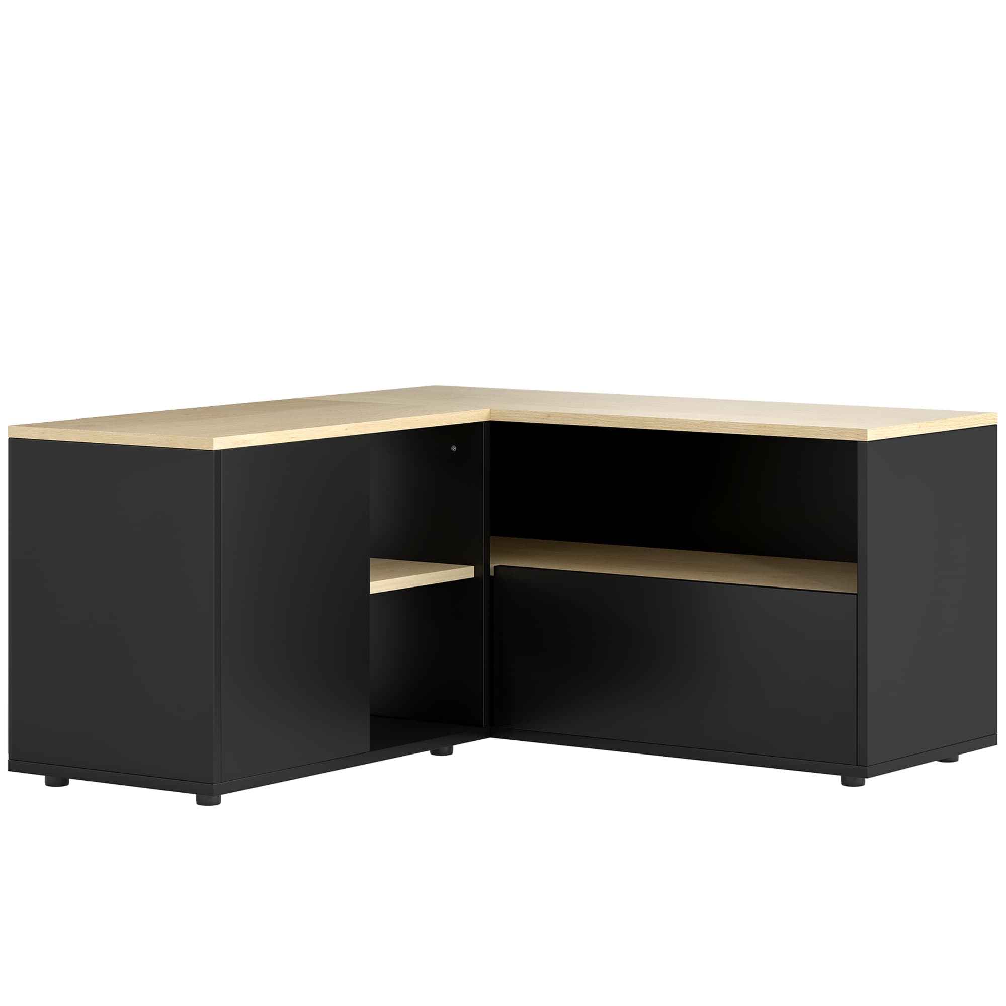 HOMCOM Meuble TV d'angle banc télévision jusqu'à 40 pouces avec 2 placards et 3 niches 90 x 90 x 45 cm chêne et noir