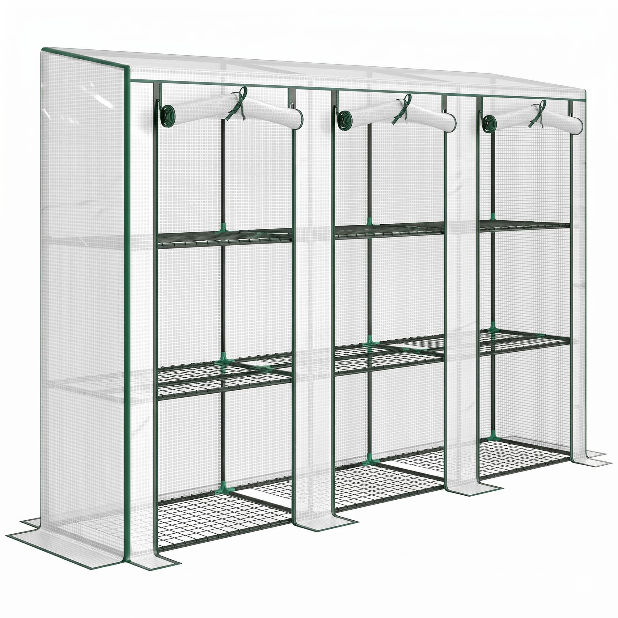 Outsunny Serre de jardin avec étagères à 3 niveaux serre de balcon 3 portes enroulables zippées 215 x 46 x 151 cm blanc