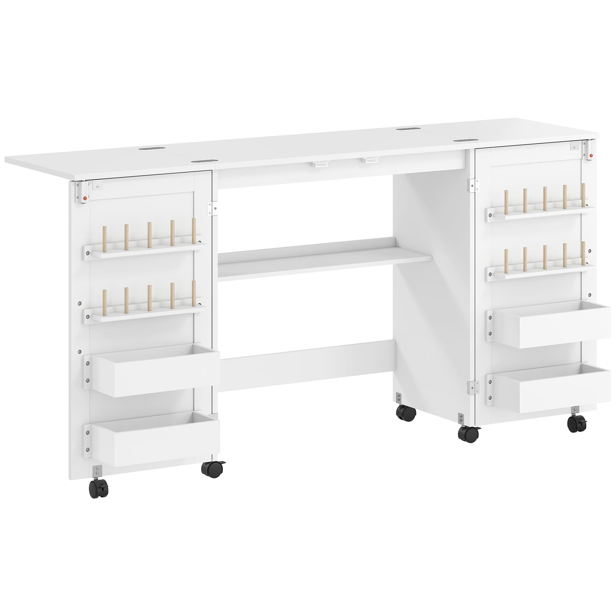 HOMCOM Table de couture pliante, meuble couture à roulettes, 2 portes magnétiques, 4 bacs, 20 crochets, 160x40x81,5cm, blanc