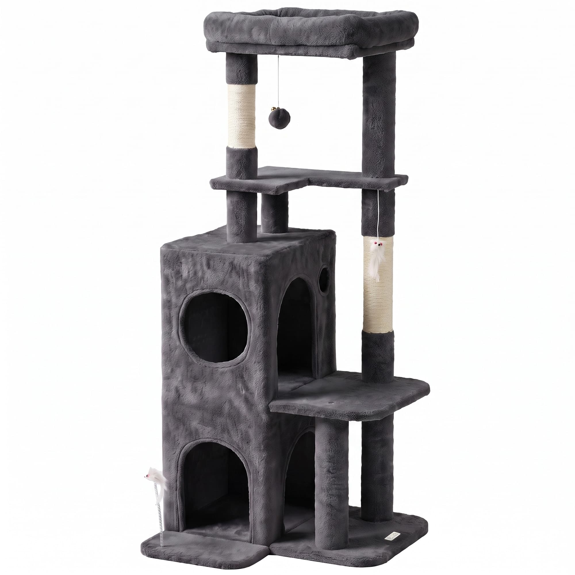 PawHut Arbre à Chat 4 Niveaux 132 cm, Niche, Lit, Plateforme, Poteaux à Griffer en Sisal, Jouets Suspendus, Gris Foncé