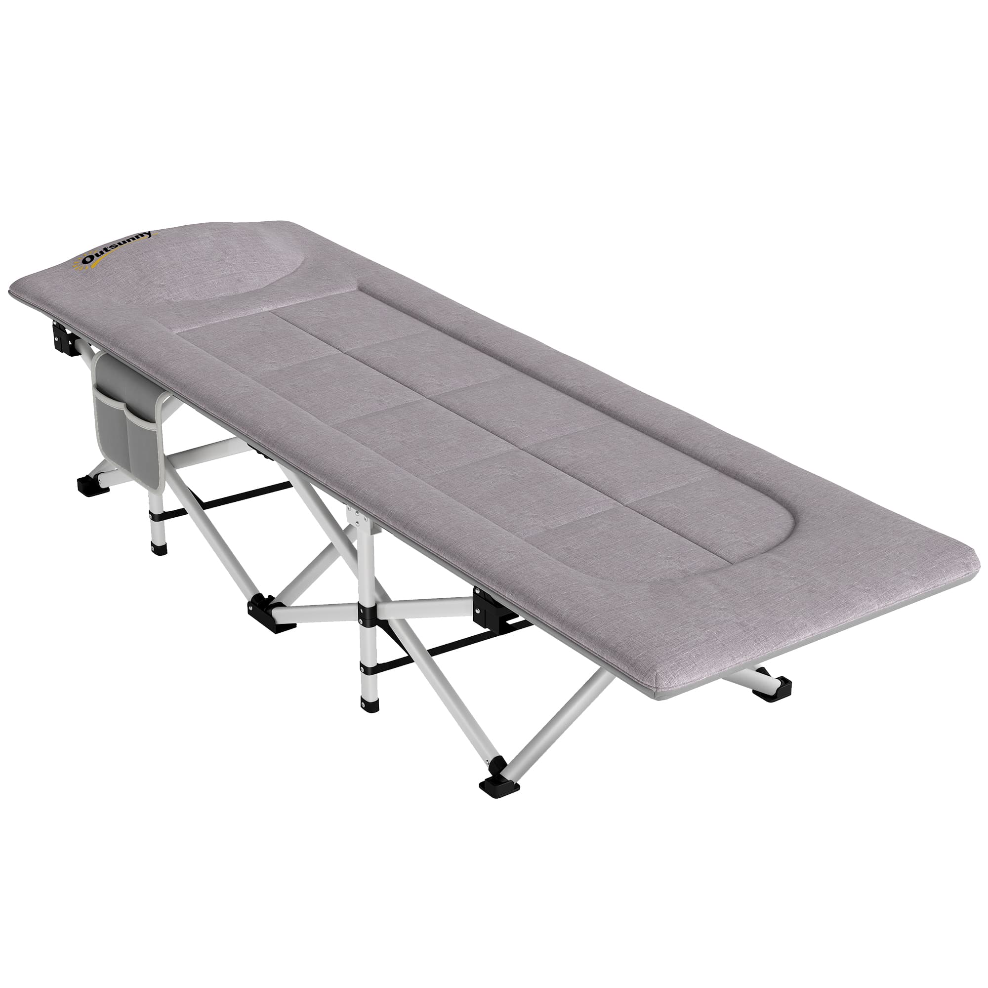 Outsunny Lit de camping pliable avec matelas transat chaise longue sac de rangement intégrée dim. 200L x 65l x 42H cm gris