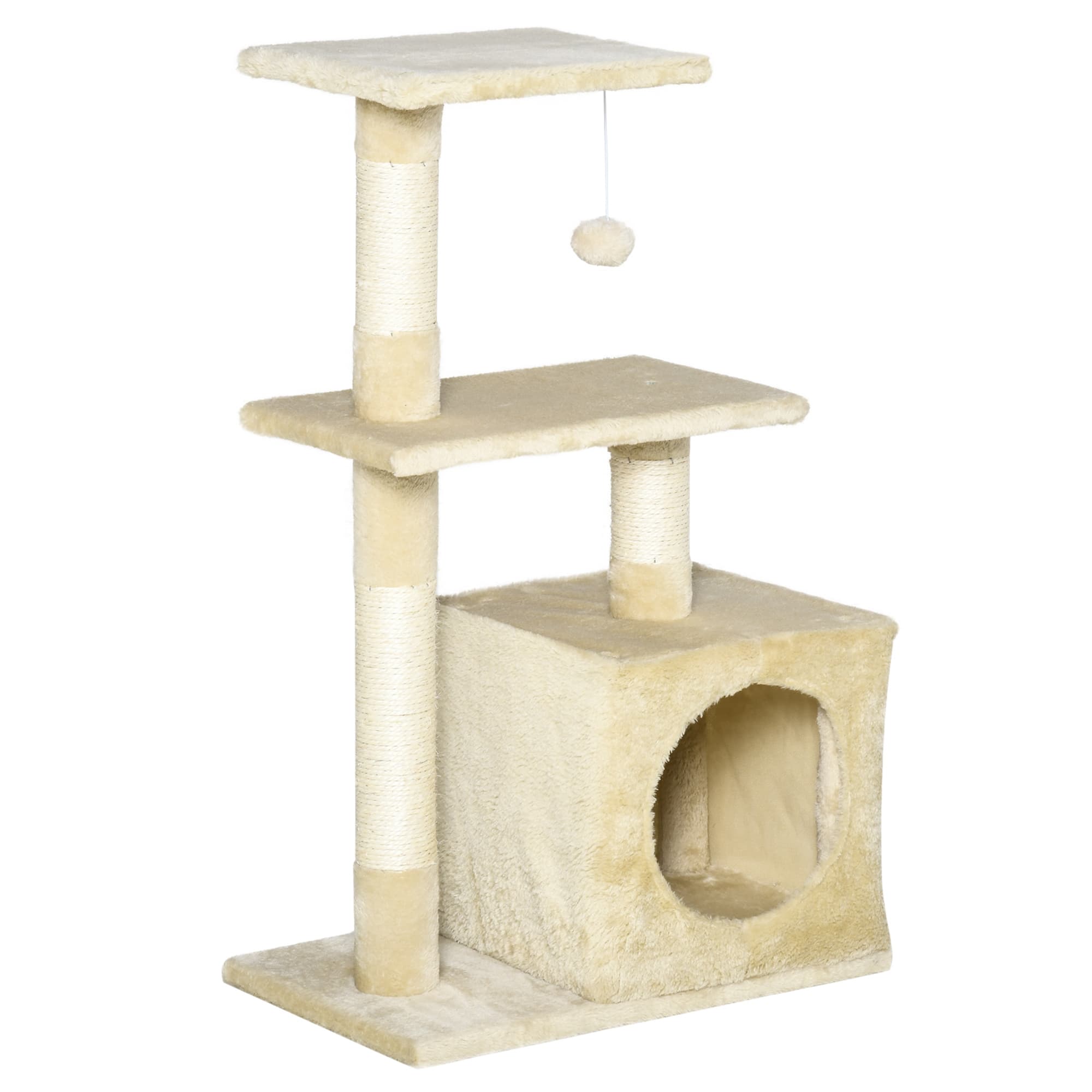 PawHut Arbre à chat tour de jeux pour chats poteaux en sisal, 2 plate-forme, niche, balle, tissu peluche, 50x30x81,5cm, beige