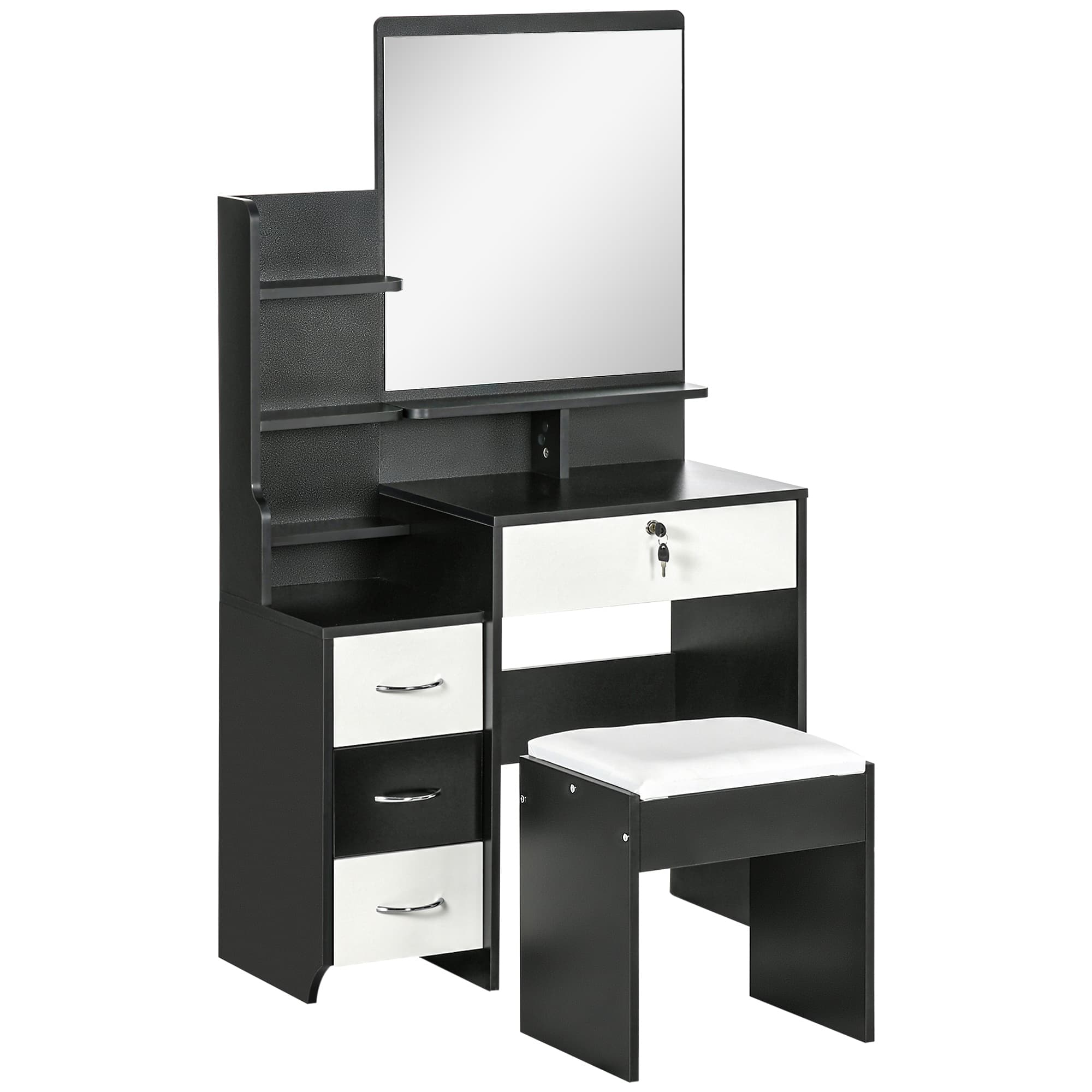 HOMCOM Ensemble de coiffeuse avec tabouret rembourré grand miroir + plusieurs étagères ouvertes 4 tiroirs blanc noir Aosom France