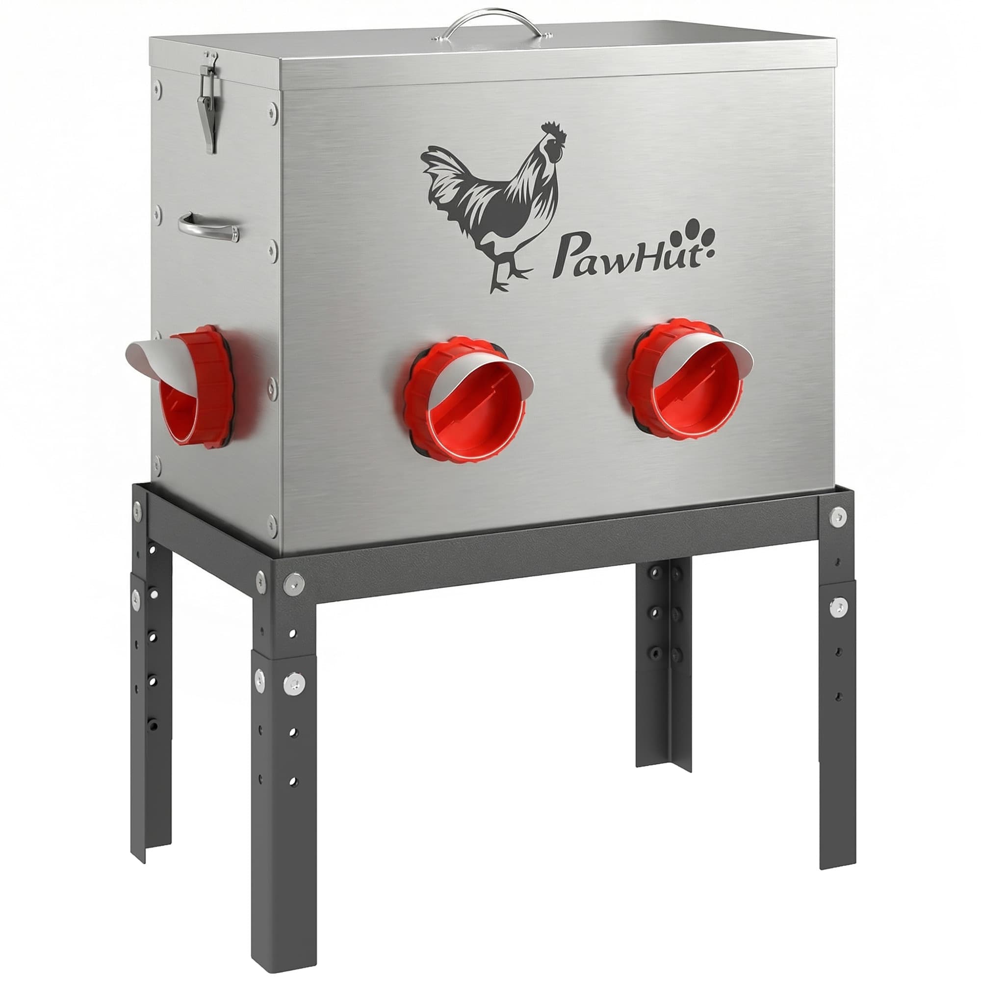 PawHut Mangeoire Automatique à Poulet 30L, 6 Ports, Hauteur Reglable, Couvercle Verrouillable, 42x25x55cm, Acier, Argent
