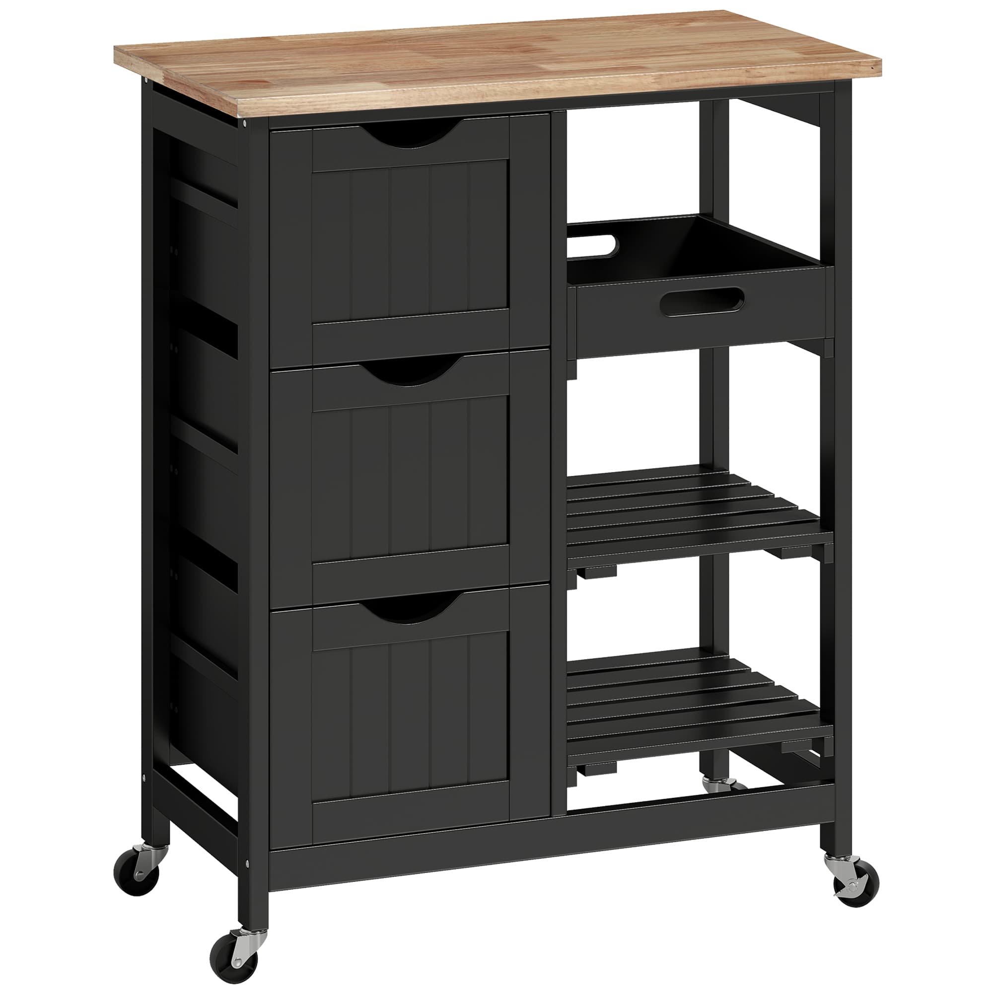 HOMCOM Chariot desserte de cuisine à roulettes plan de travail en bois 3 tiroirs et 1 plateau amovible 67 x 37 x 85,5 cm noir