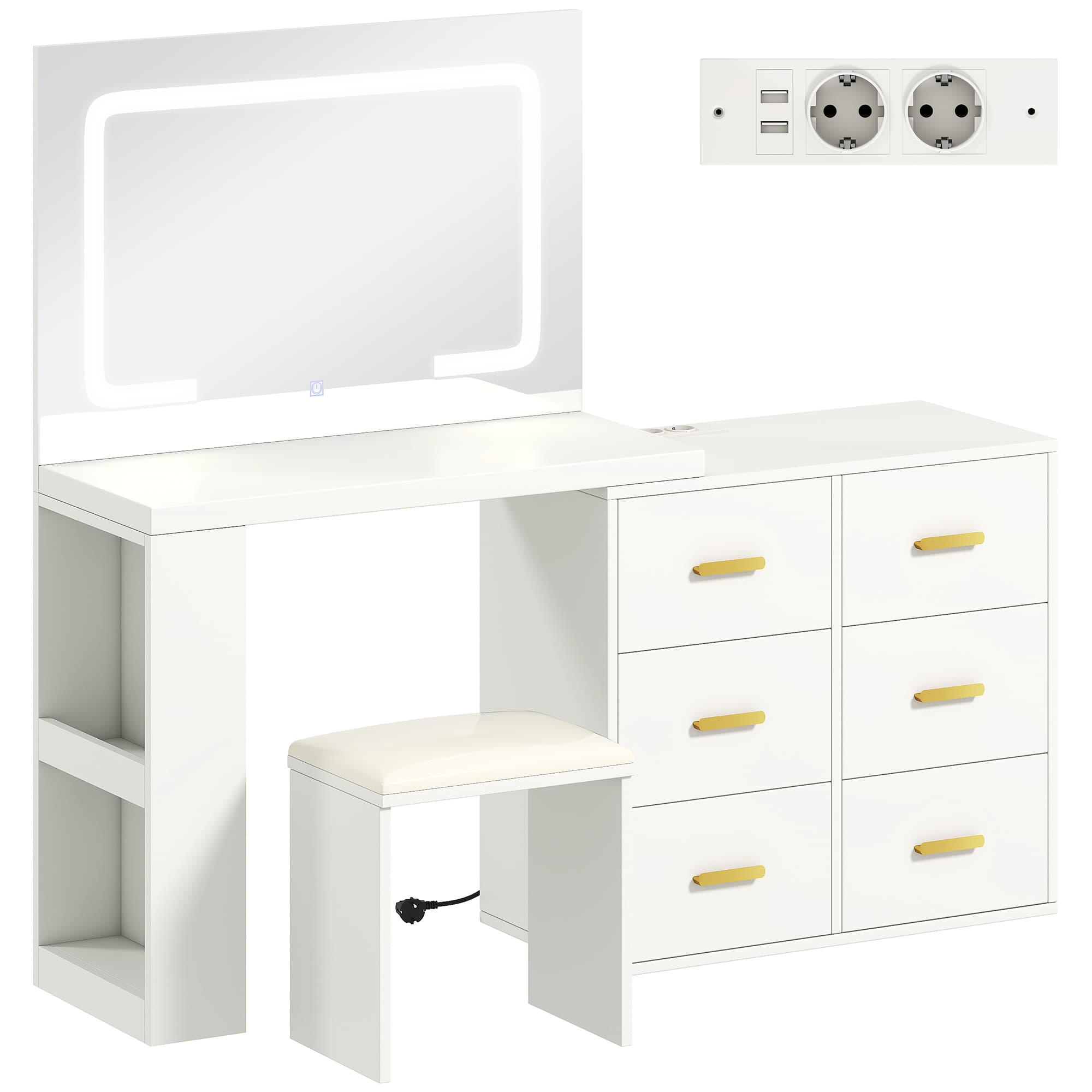HOMCOM Coiffeuse avec miroir et tabouret, table de maquillage avec éclairage LED réglable, 6 tiroirs, 118 x 78 x 135 cm, blanc