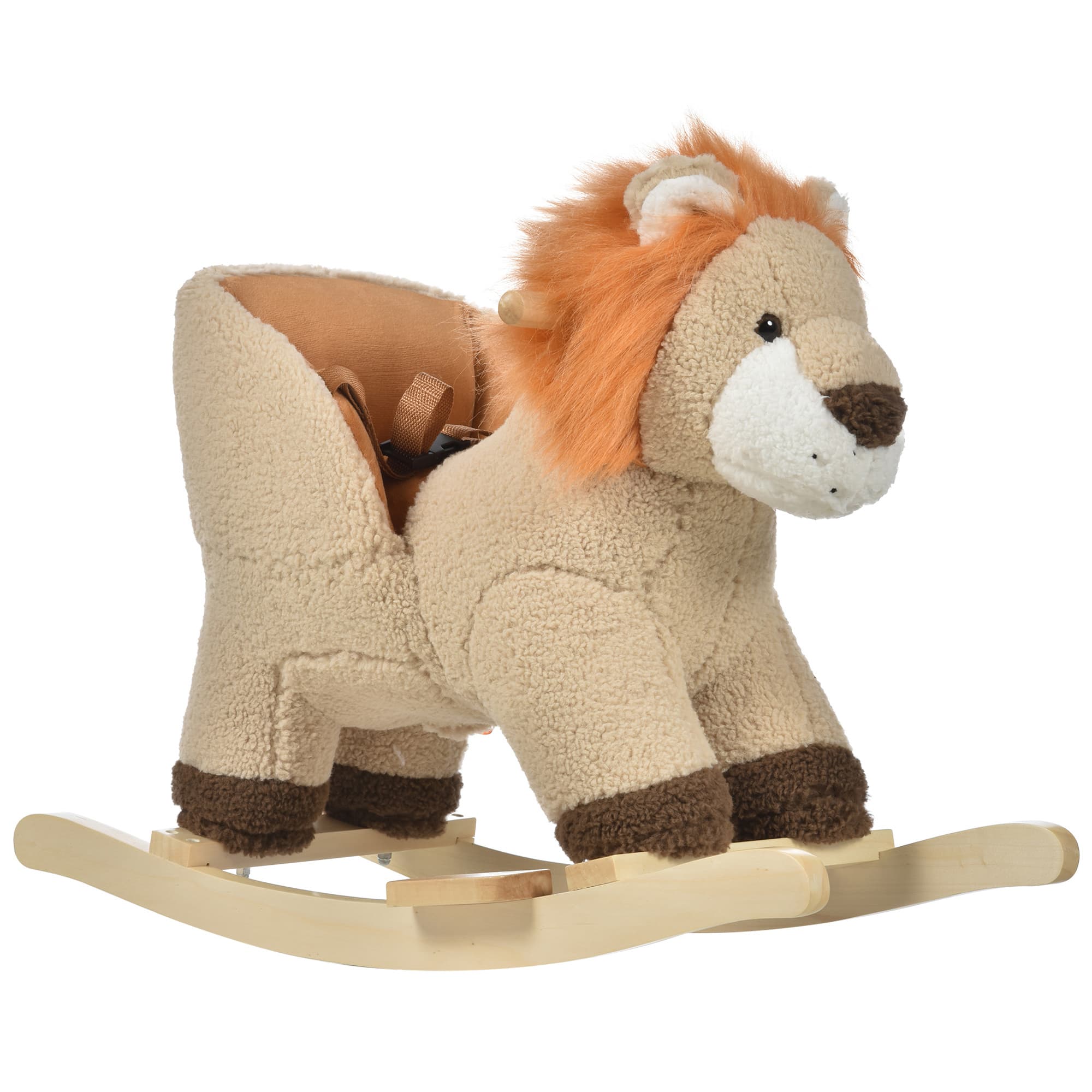 HOMCOM Cheval à Bascule modèle Lion Fonction Musicale Selle Grand Confort Peluche Courte Douce Bois peuplier Marron dim. 68L x 35l x 50H cm