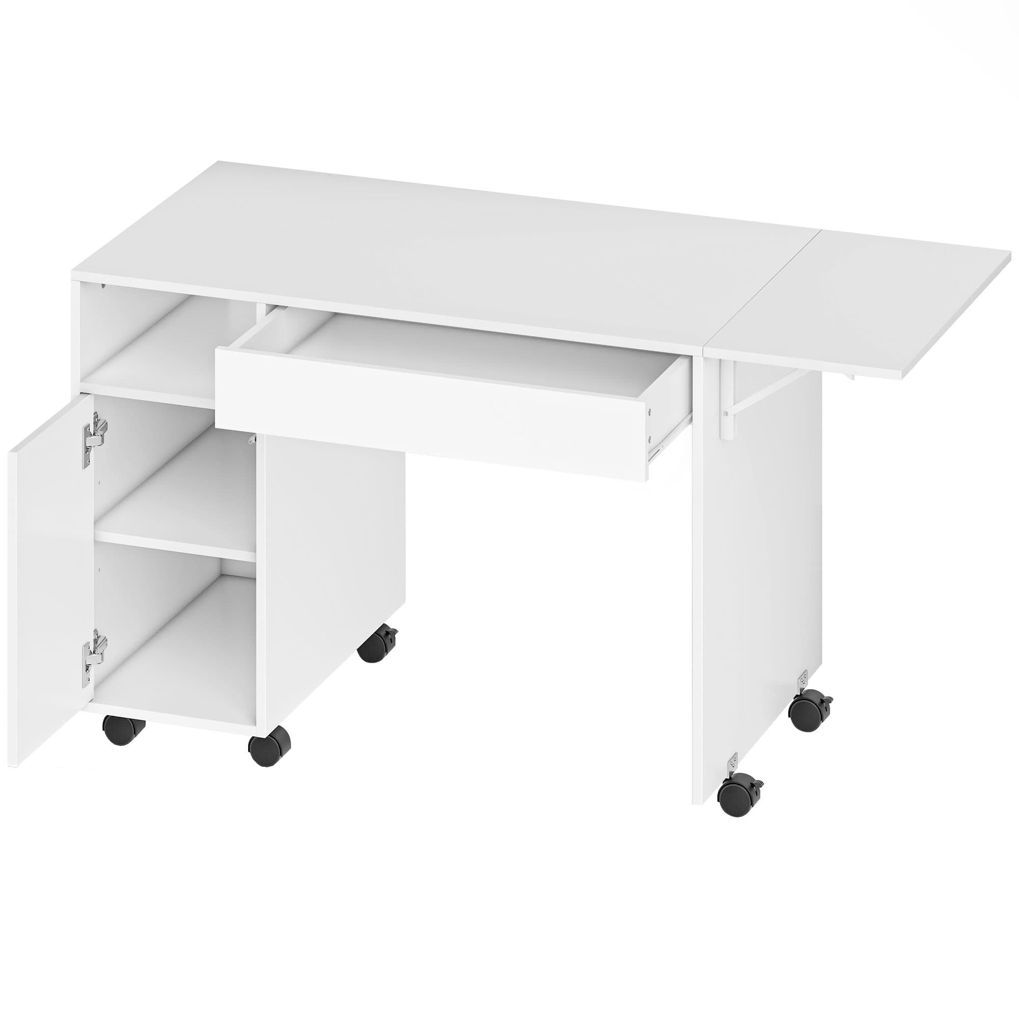 HOMCOM Bureau d'ordinateur sur roulettes, table informatique avec abattant, tiroir, placard et compartiment, 130 x 58 cm, blanc