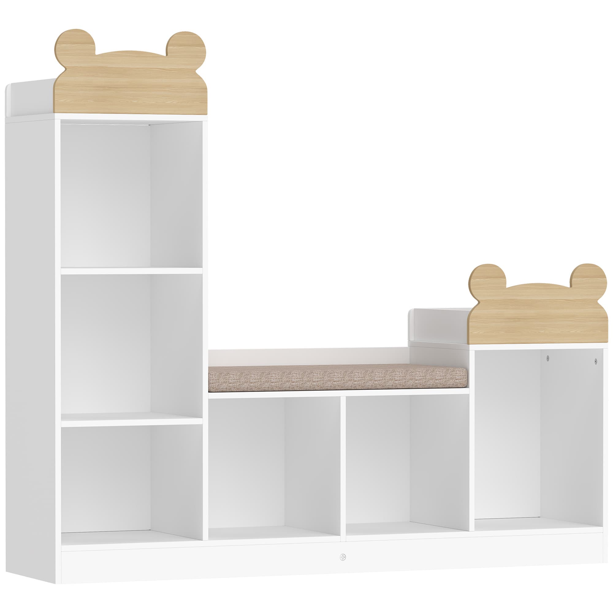 AIYAPLAY Bibliothèque Enfant, Meuble Rangement Enfant 3 en 1 avec Banc, 6 Compartiments, 2 Étagères, Coussin d'Assise, Blanc