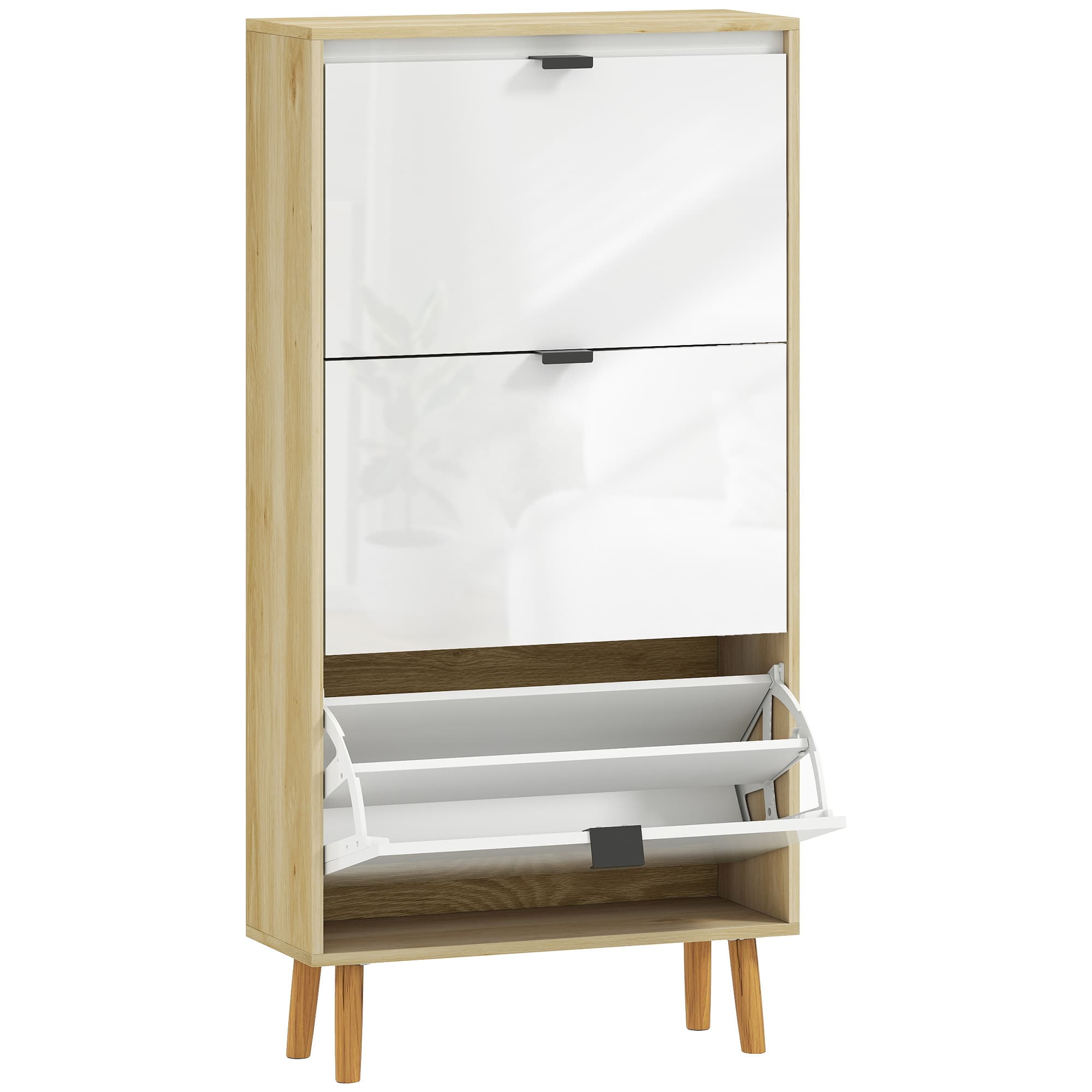 HOMCOM Meuble à chaussures, armoire à chaussures étroite, 3 tiroirs rabattables, porte haute brillante, 60x24x127cm, blanc