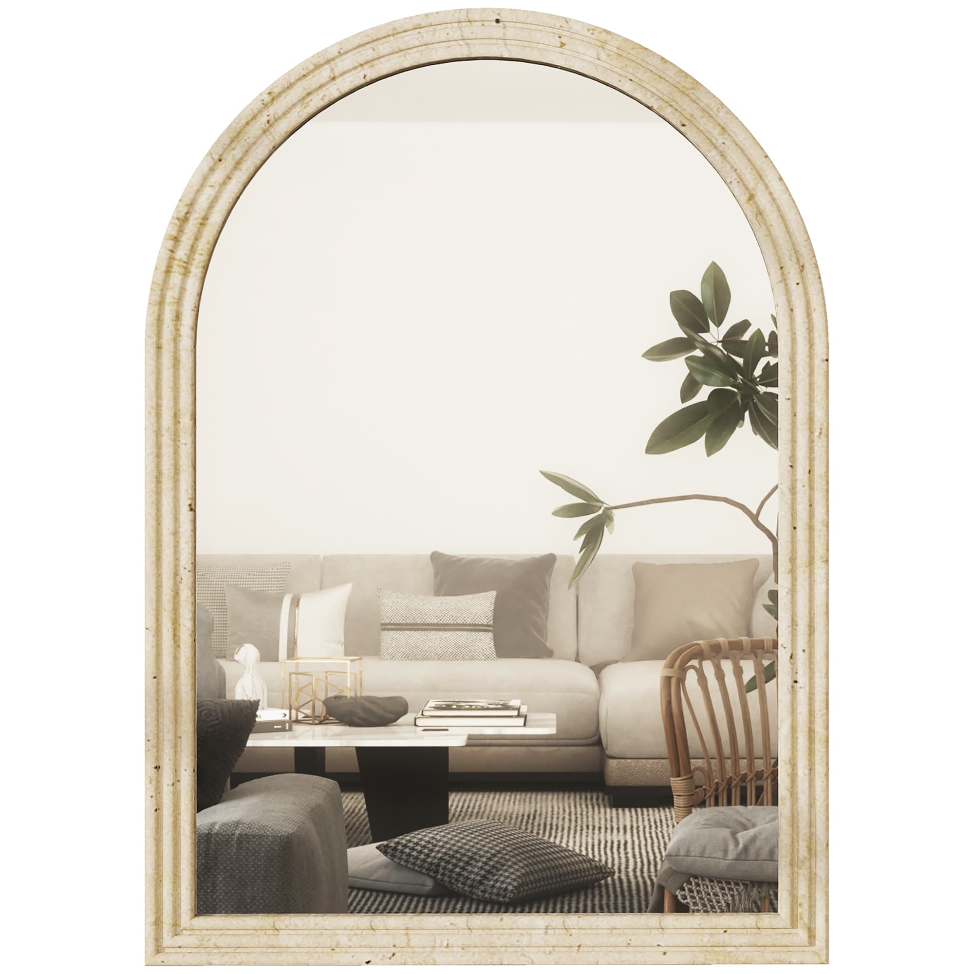 HOMCOM Miroir Mural Arqué, Miroir Moderne avec Bord Rainuré et Crochets, Verre Trempé et Polystyrène, 60 x 90 cm, Beige