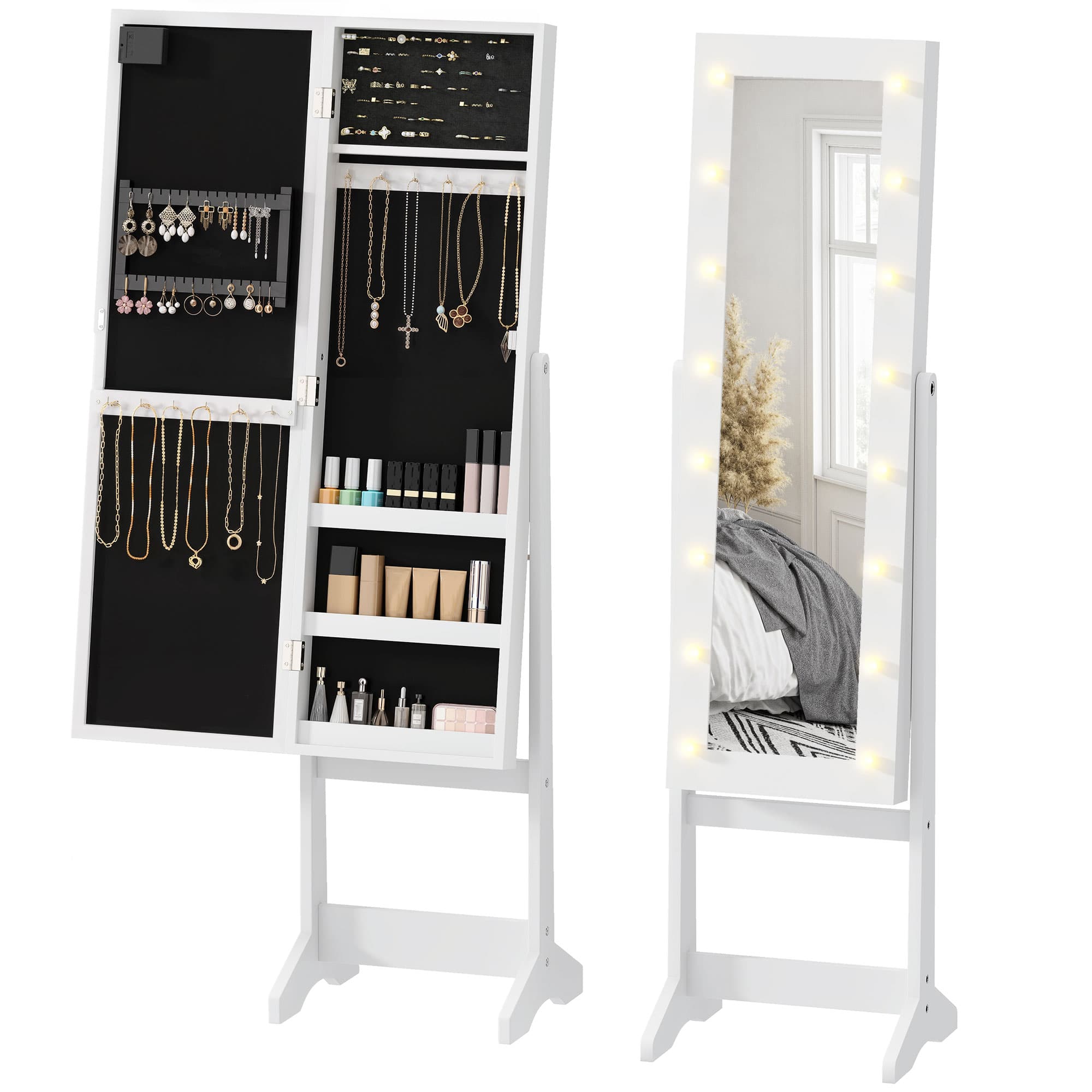HOMCOM Armoire à bijoux armoire de rangement sur pieds boîte à bijoux avec miroir multi-rangements éclairage LED blanc