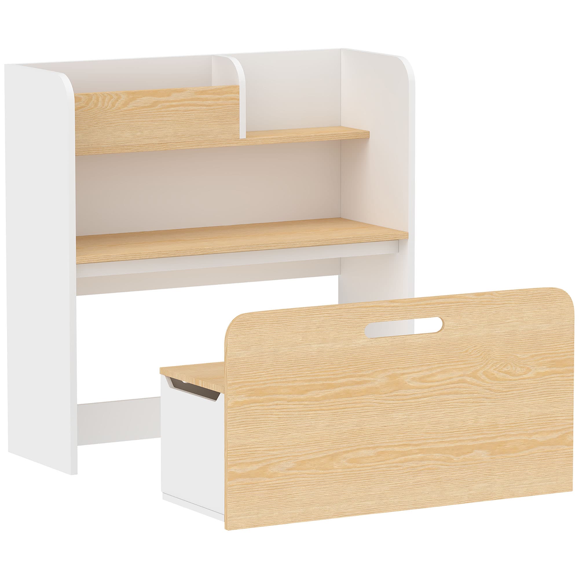 AIYAPLAY Bureau et Chaise pour Enfant 5 en 1 avec Bibliothèque et Banc Coffre à Roulettes, pour 3 à 8 Ans, Blanc