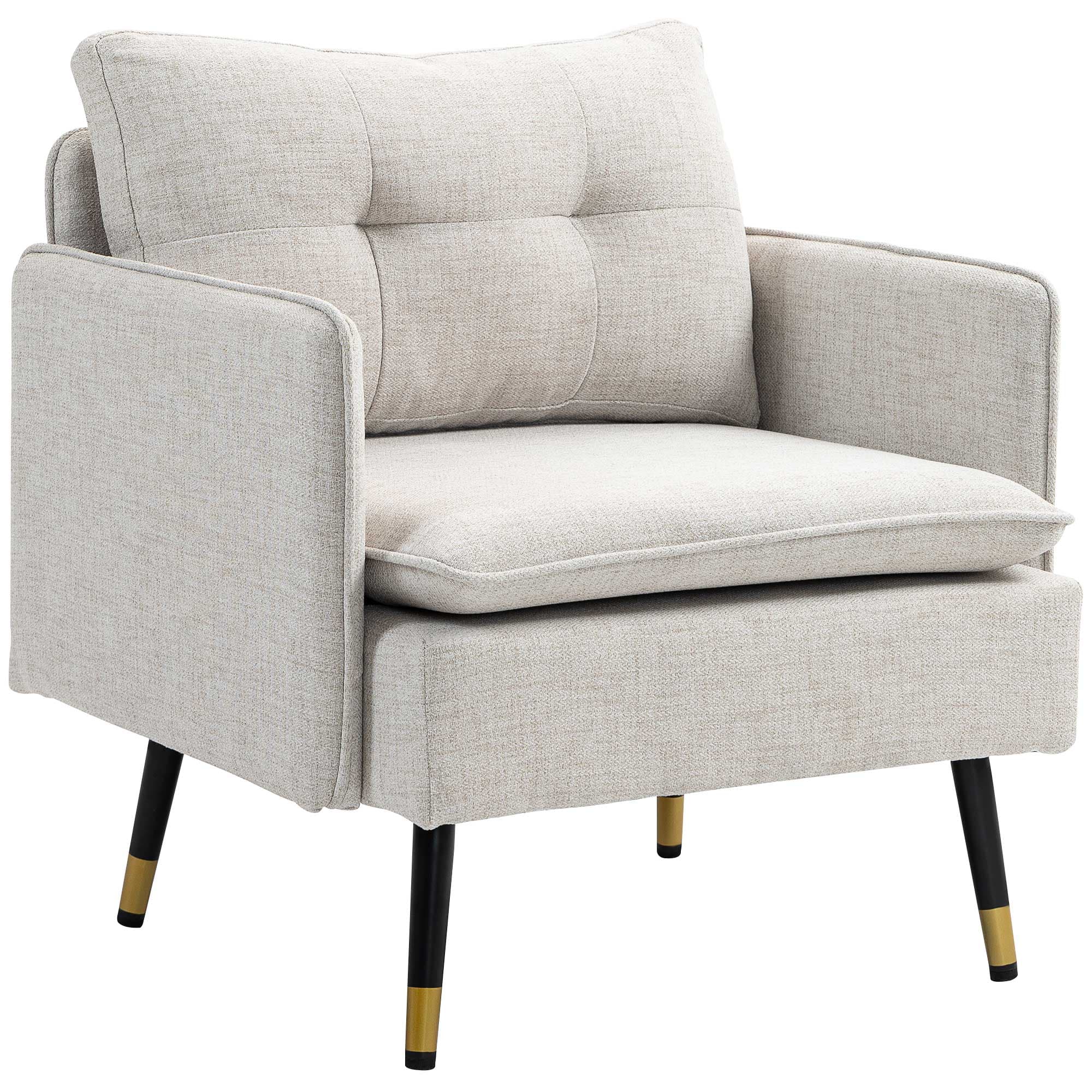 HOMCOM Fauteuil scandinave dossier capitonné avec passepoil en tissu 76 x 68 x 80 cm crème et pieds en métal noir et doré