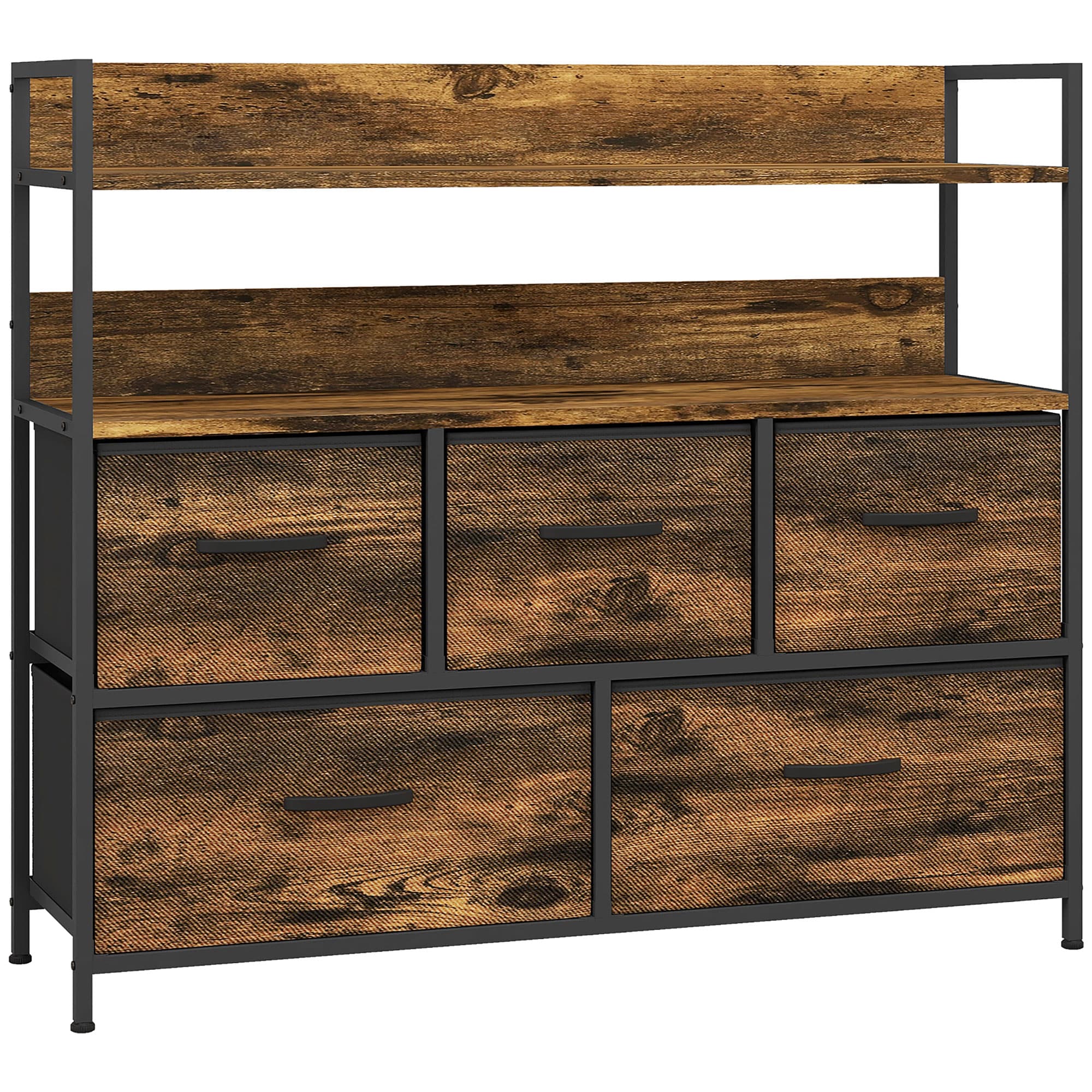 HOMCOM Commode, meuble de rangement, 5 tiroirs en tissu pliables et amovibles et étagères, 98 x 29 x 85 cm, brun rustique