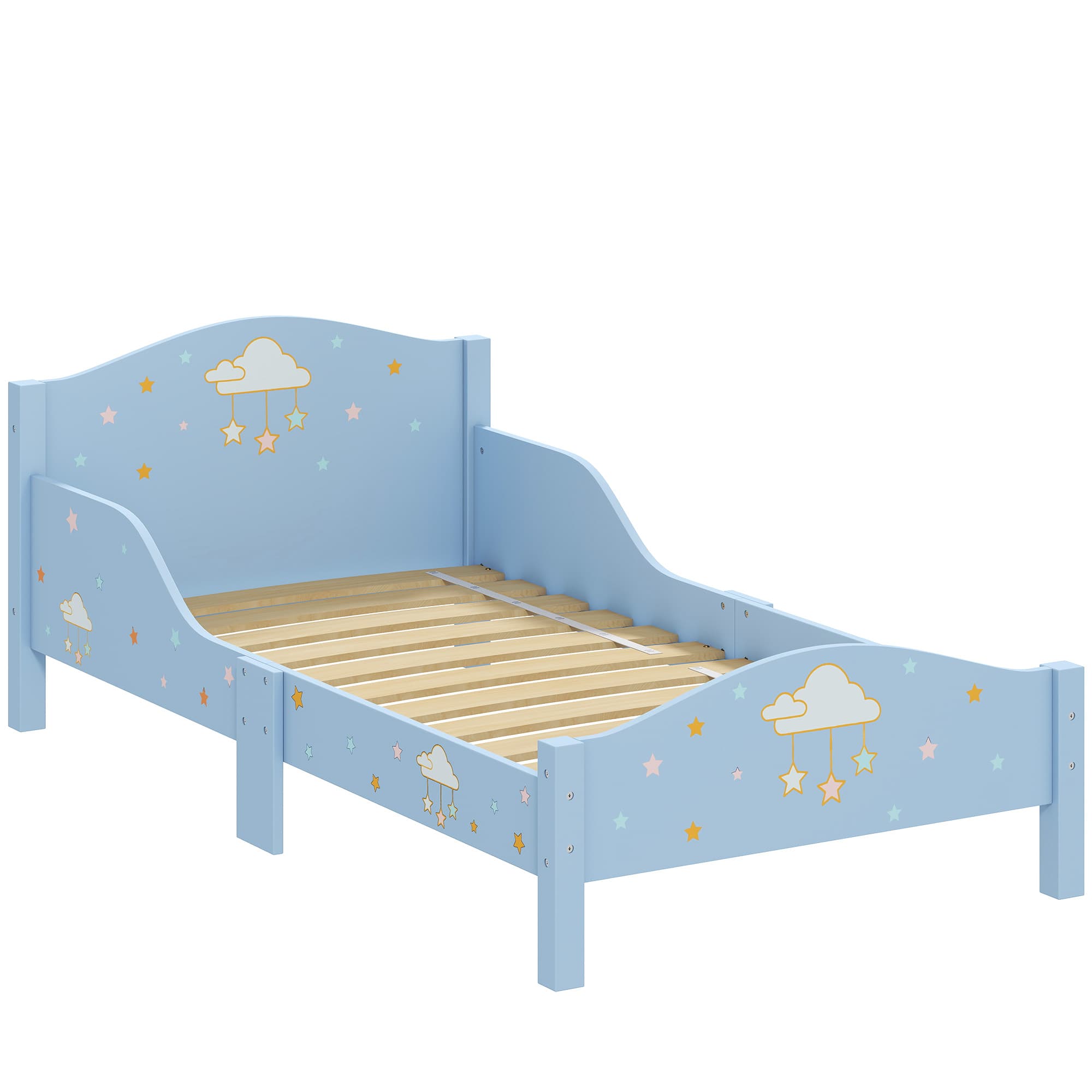 AIYAPLAY Lit Enfant 70 x 140 cm, Lit pour Enfant avec Barrière de Sécurité et Sommier à Lattes en Bois, Motif Nuage, Bleu