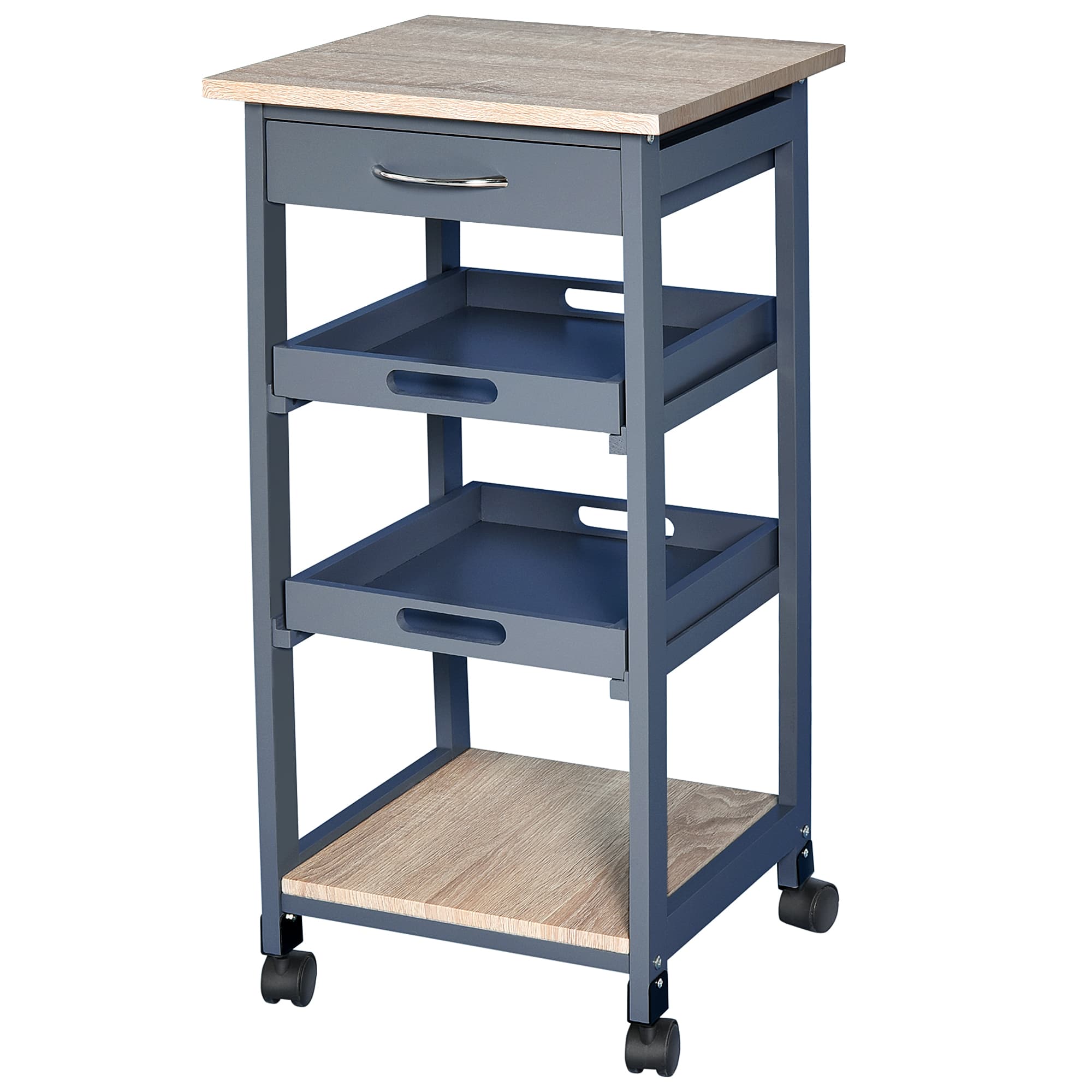 HOMCOM Chariot de service desserte de cuisine à roulettes 2 plateaux amovibles, tiroir, étagère MDF chêne clair bois pin gris