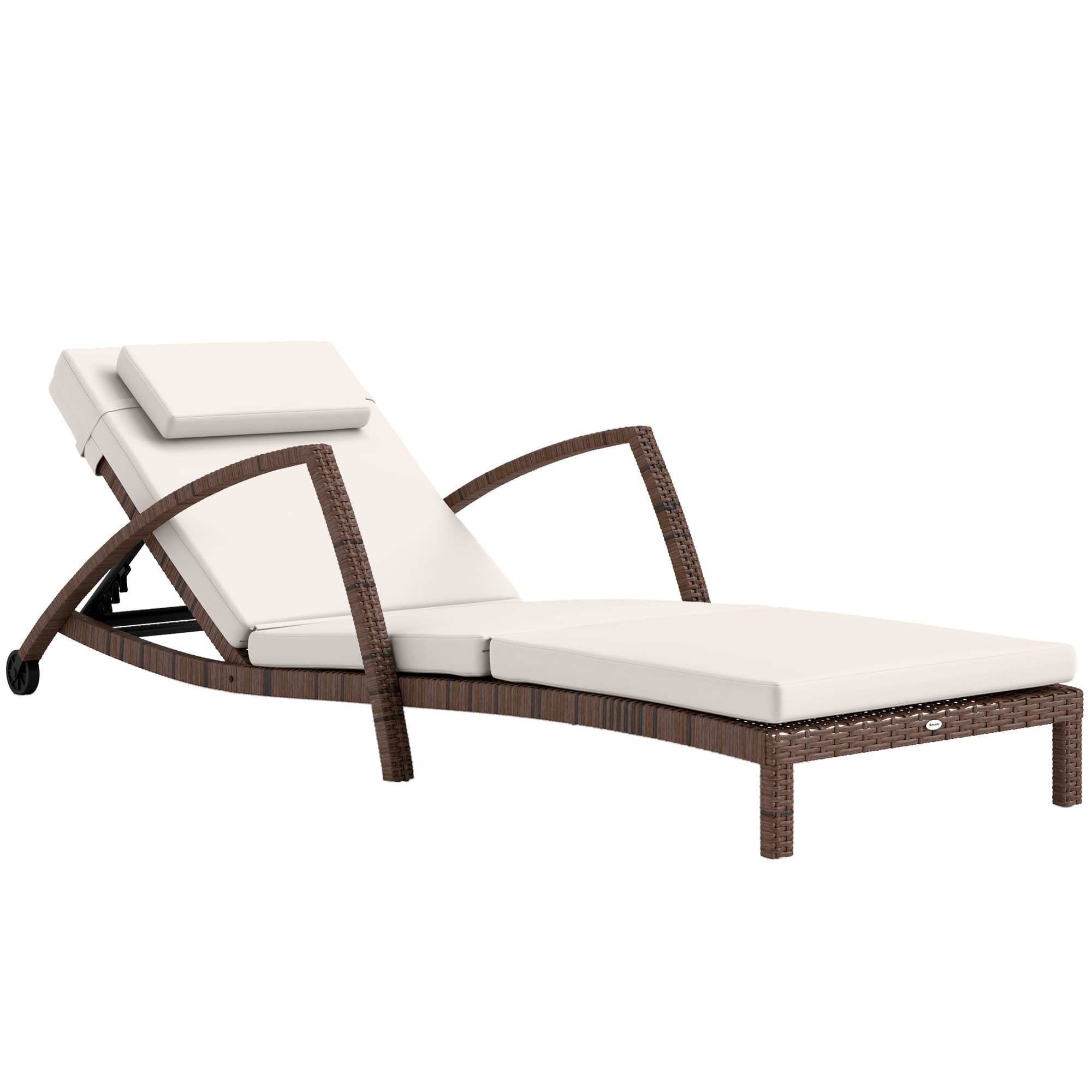 Outsunny Bain de soleil, chaise longue en résine tressée avec dossier réglable, roulettes, coussin et accoudoirs, marron et beige