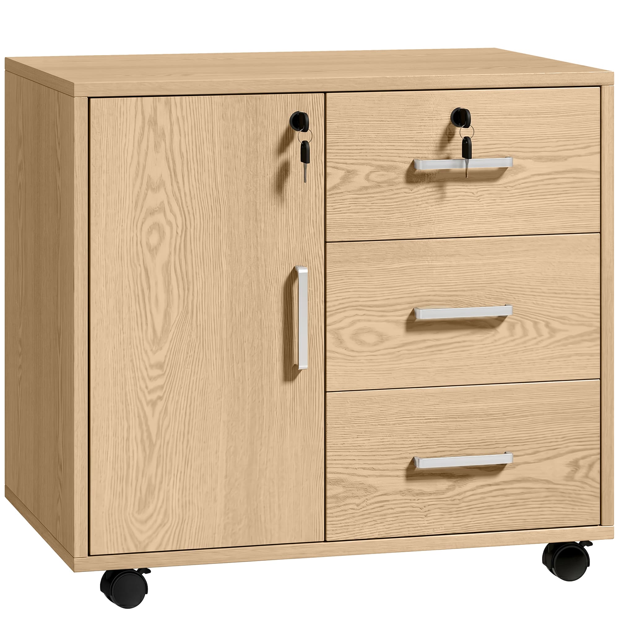 HOMCOM Caisson bureau meuble de rangement verrouillable avec 3 tiroirs et étagère réglable, roulettes, 40 x 60 x 56 cm, marron clair