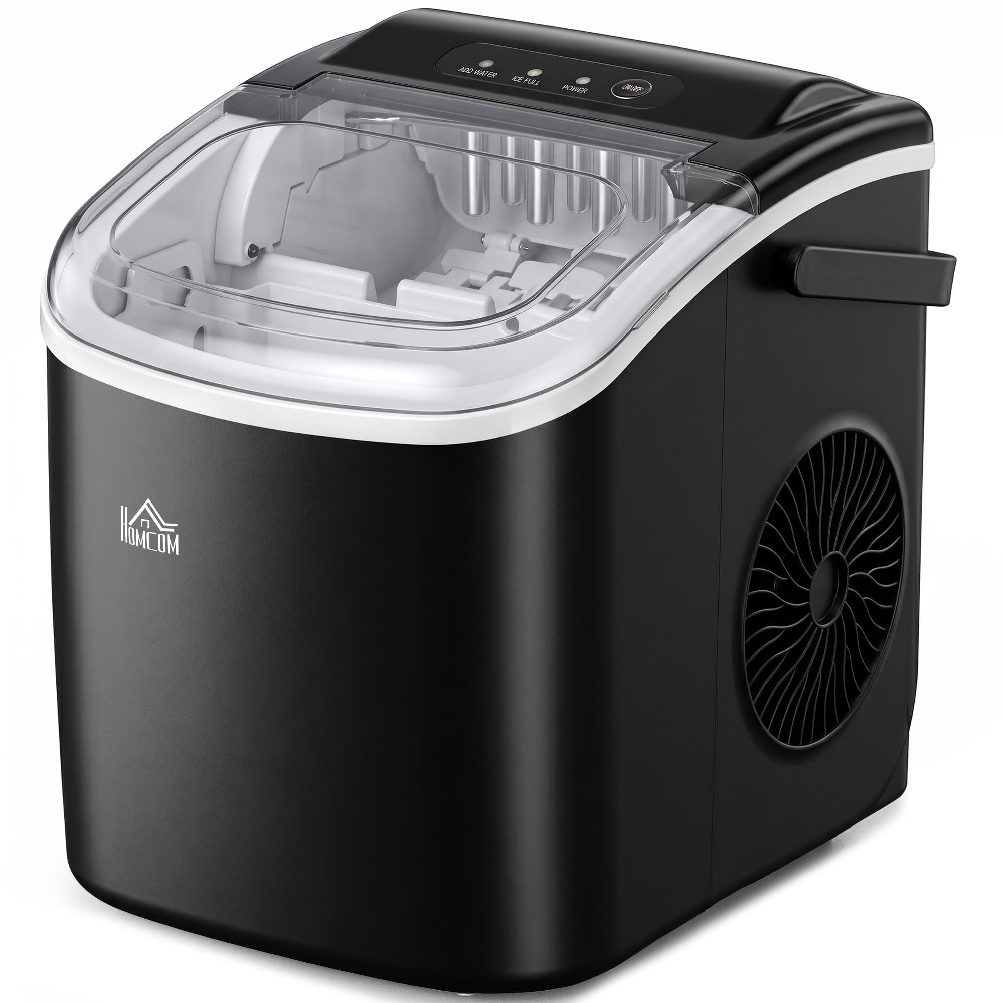 HOMCOM Machine à glaçons, 12kg en 24h, 9 glaçons en 6-12 minutes, ice maker avec poignée, panier et pelle, 22,2x29,4x29cm, noir