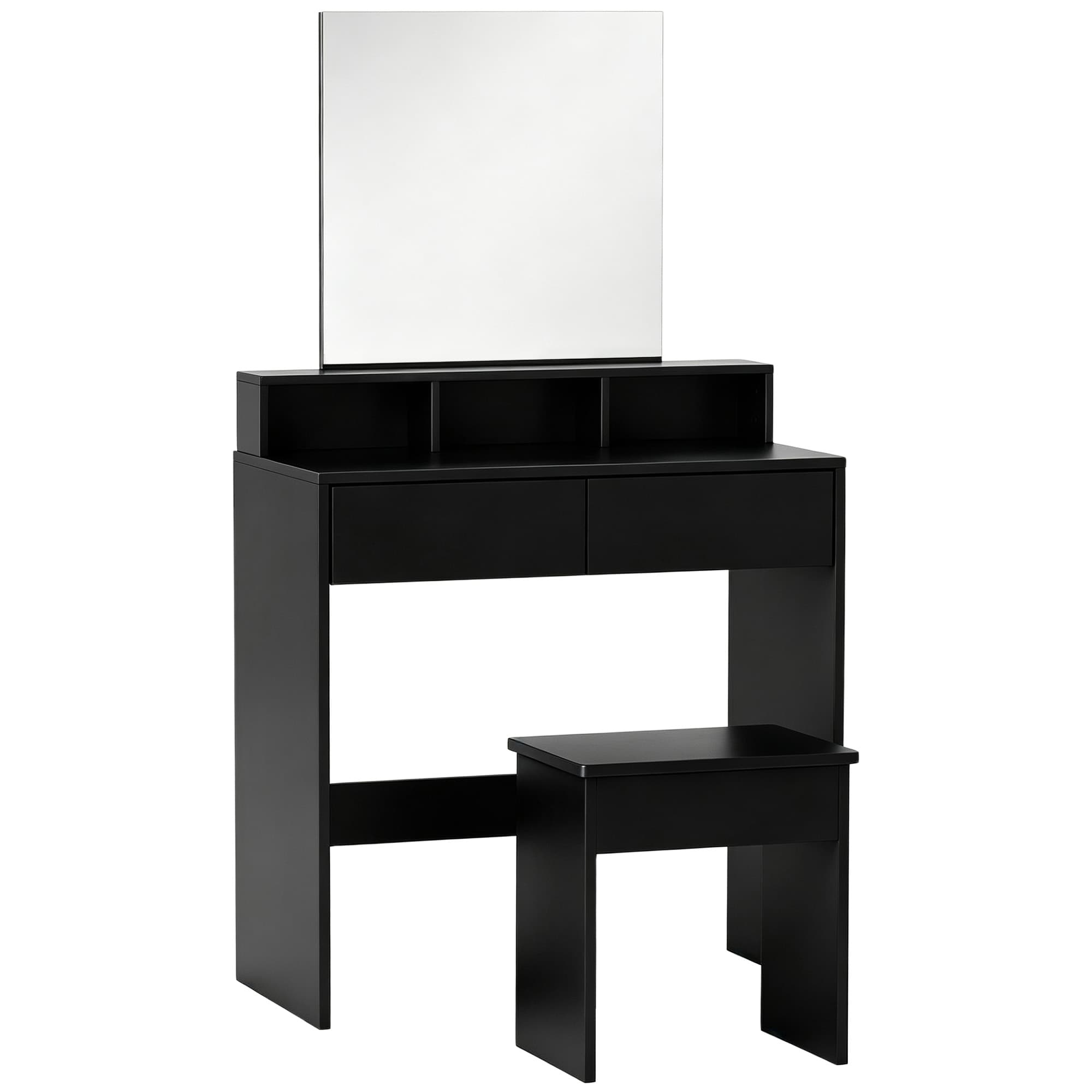 HOMCOM Table de Maquillage avec Miroir, 3 Étagères, 2 Tiroirs et Tabouret, en Bois, 75x38x135 cm, Noir