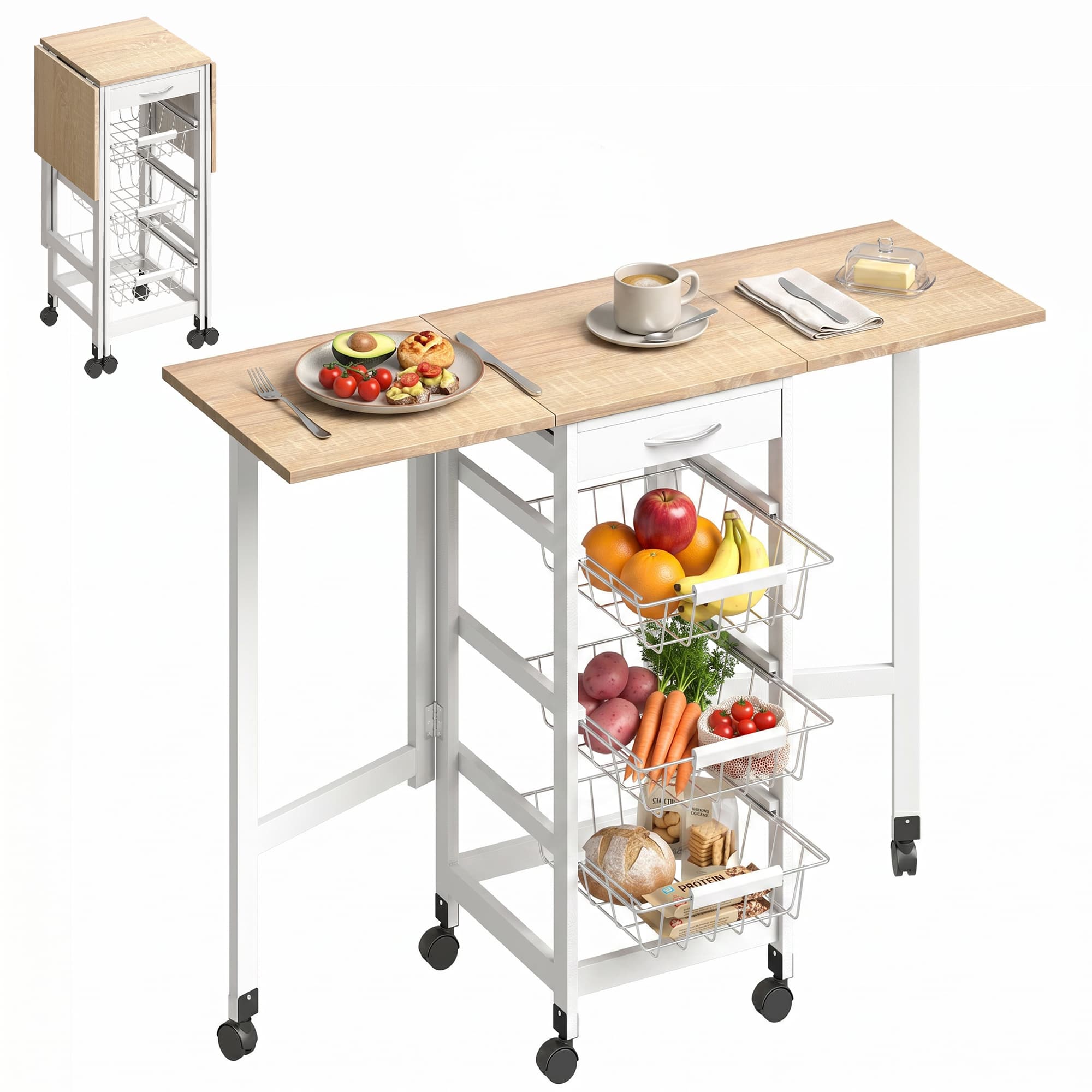 HOMCOM Chariot de service desserte de cuisine à roulettes multi-rangements 3 paniers métal + tiroir + rallonges MDF blanc chêne clair