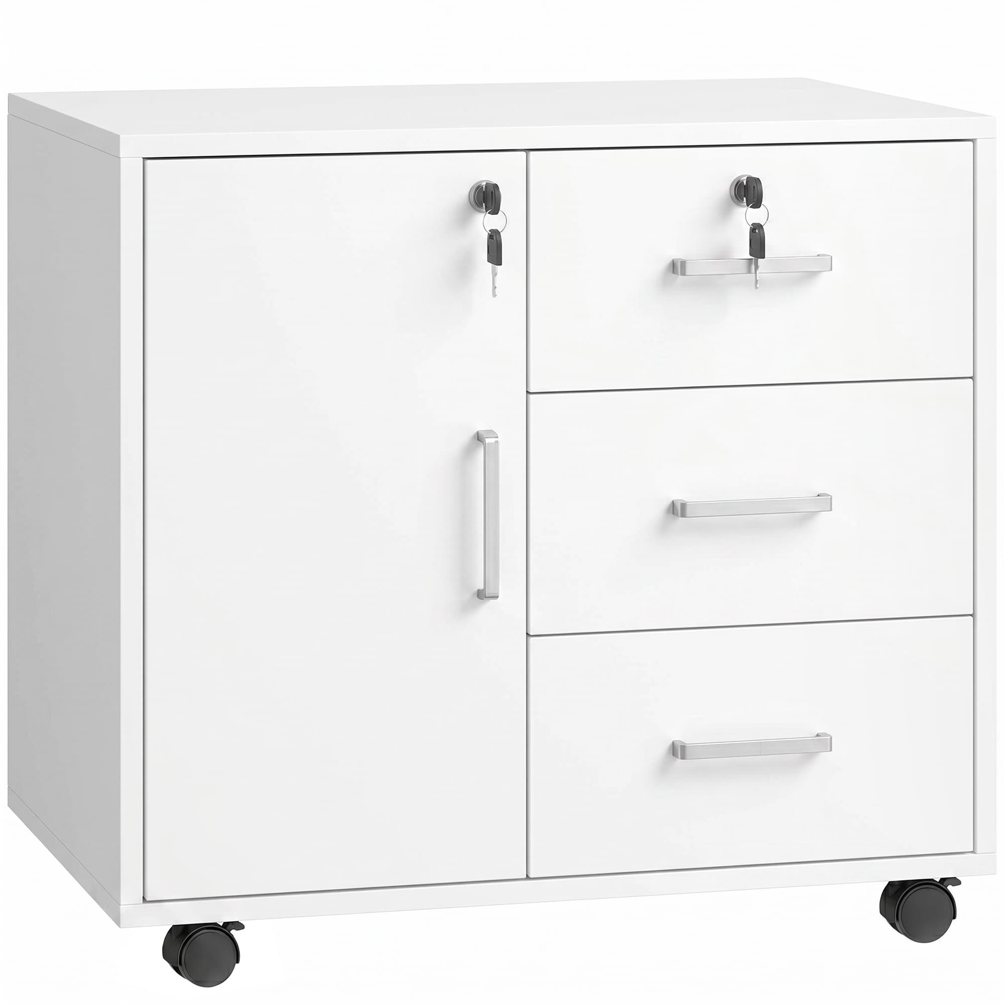 HOMCOM Caisson bureau meuble de rangement verrouillable avec 3 tiroirs et étagère réglable, roulettes, 40 x 60 x 56 cm, blanc