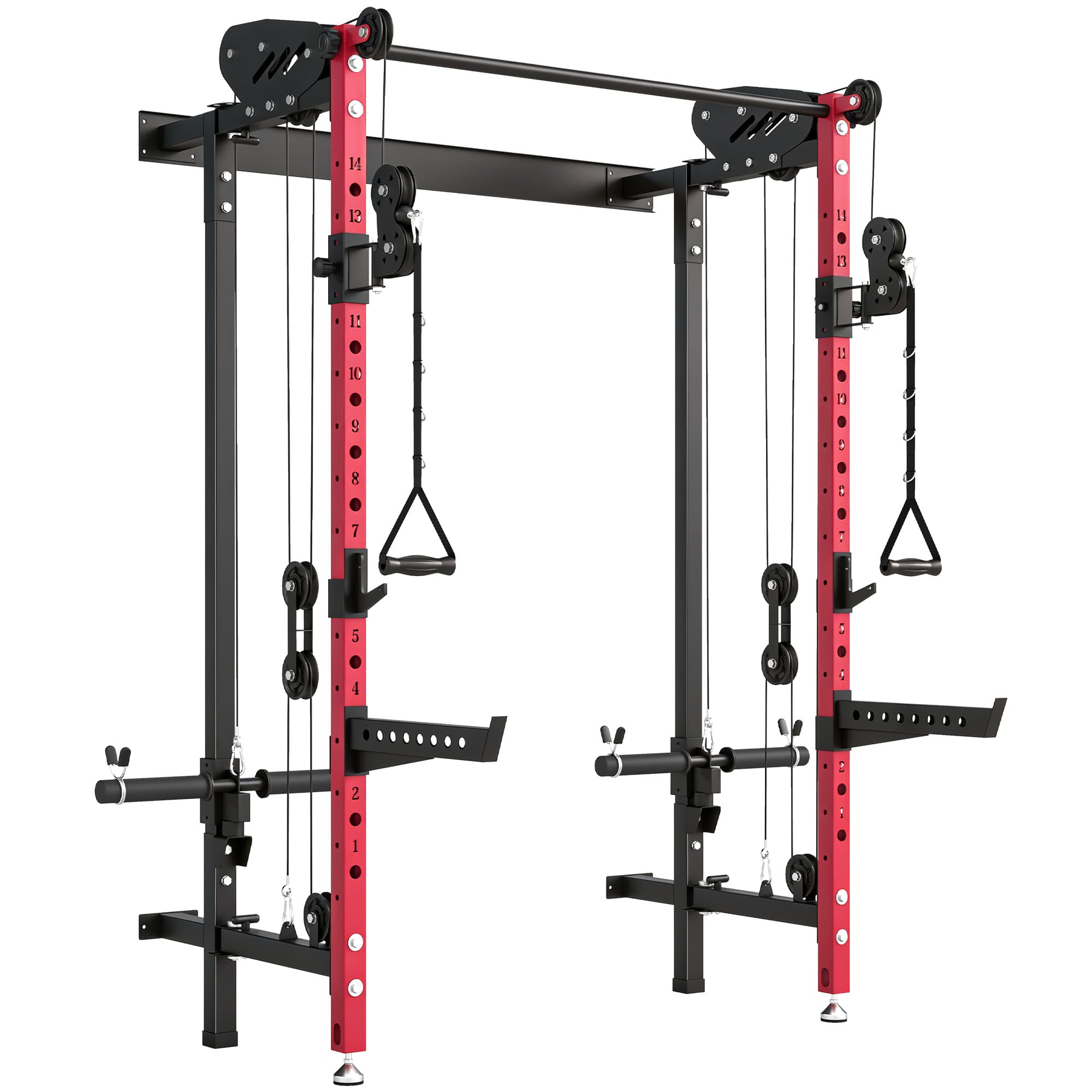 SPORTNOW Station de Musculation Pliable 700 kg Hauteurs Réglables avec Poulies Doubles, Supports de Barre, 184x123x209cm, Rouge