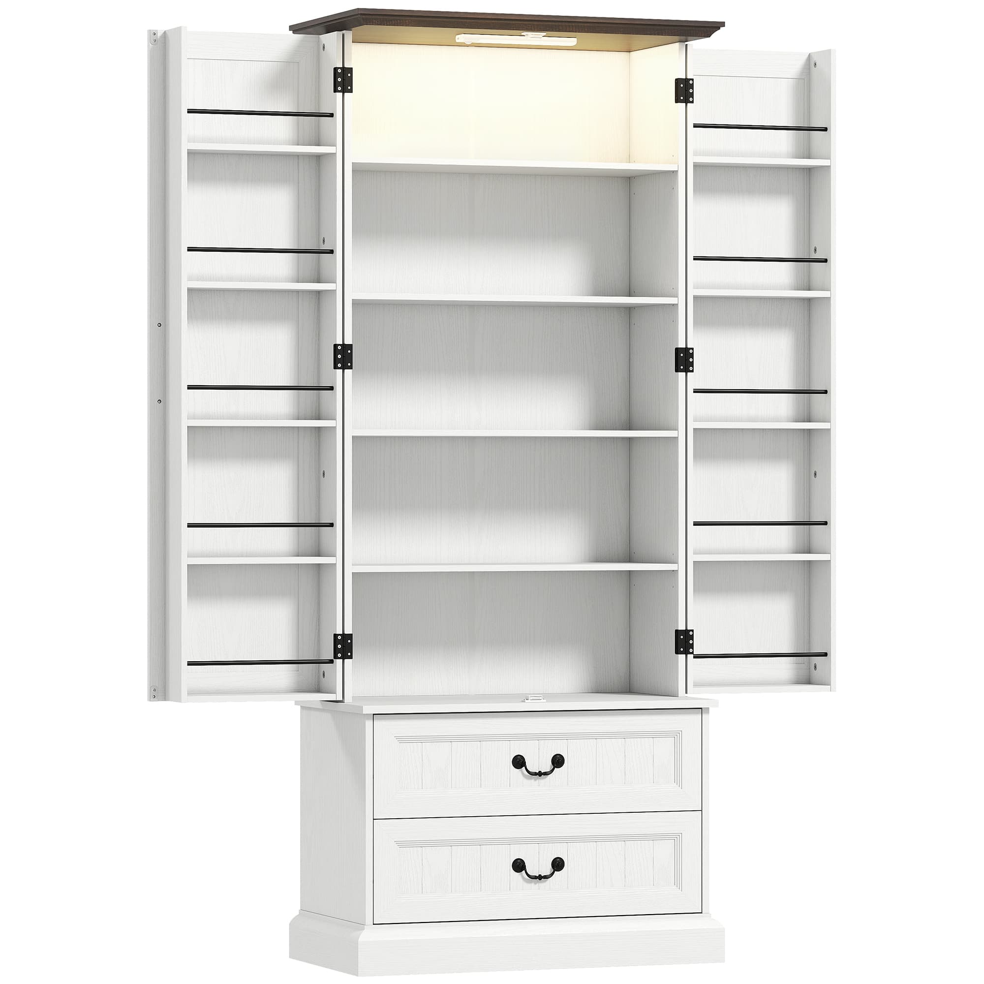 HOMCOM Buffet haut cuisine, armoire de cuisine, LED à capteur, 2 portes, tiroirs et étagères réglables, 76x39,5x183cm, blanc
