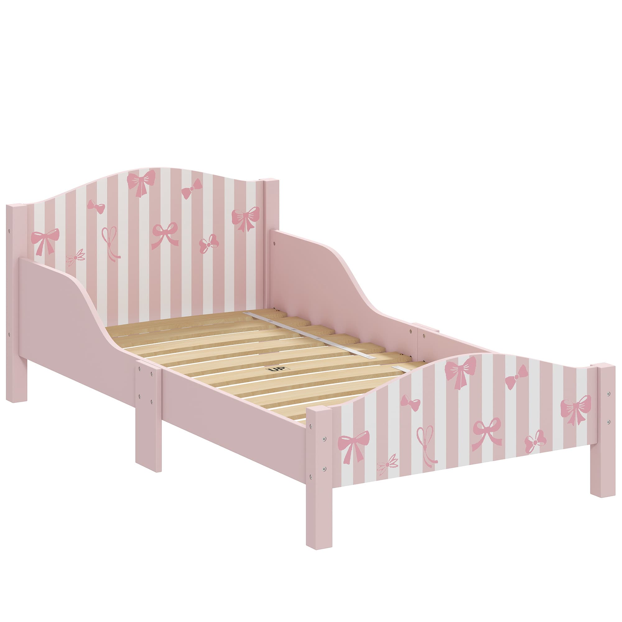 AIYAPLAY Lit Enfant 70 x 140 cm, Lit pour Enfant avec Barrière de Sécurité et Sommier à Lattes en Bois, Motif Nœud, Rose