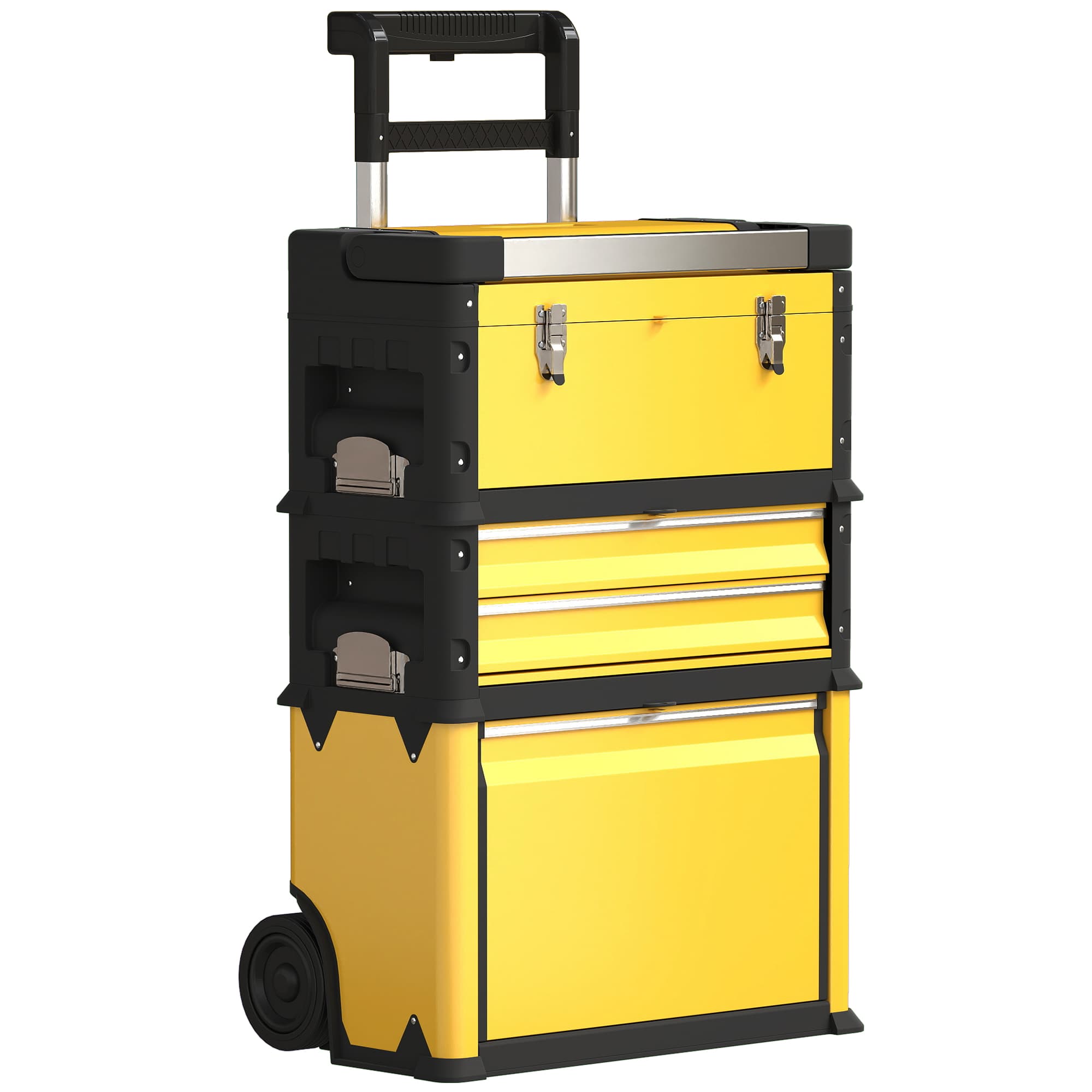 HOMCOM Lot de 3 boîtes à outils sur roulettes empilables et modulaires en acier avec plateau, poignées et serrure, jaune