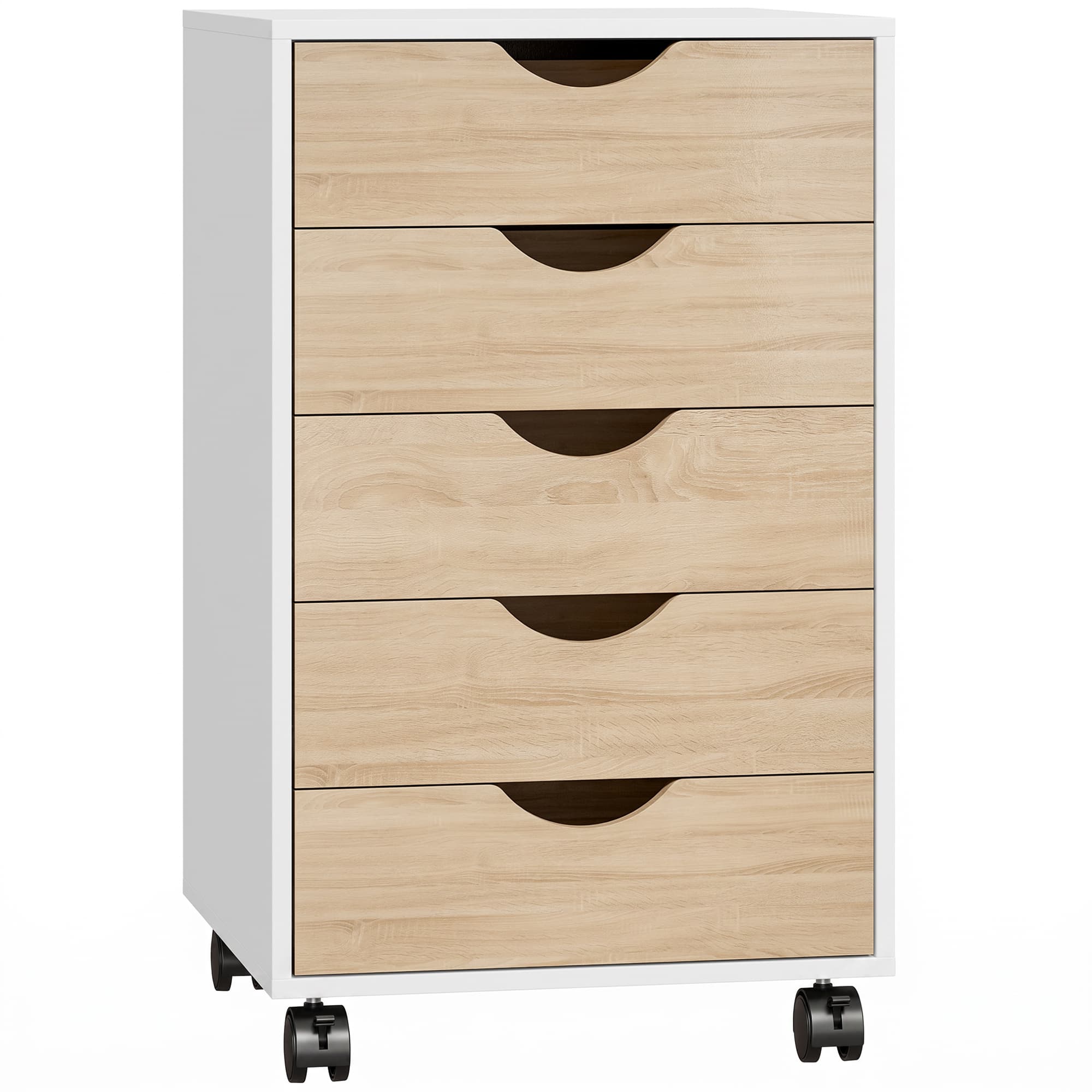 HOMCOM Caisson de bureau à roulettes et 5 tiroirs, classeur mobile, pour bureau, salon 40x40x67 cm blanc et naturel