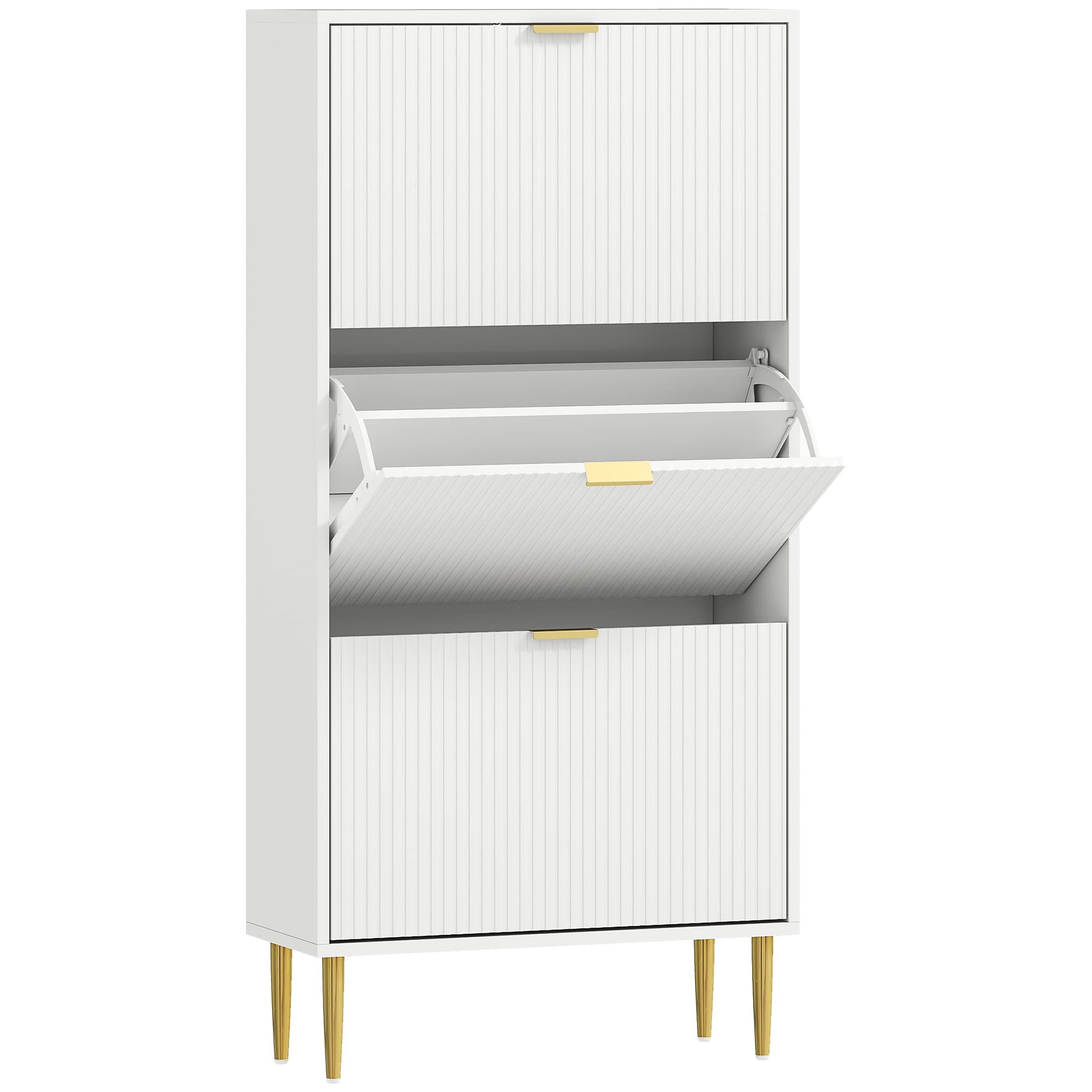 HOMCOM Meuble à chaussures 18 paires avec 3 tiroirs rabattables, portes cannelées et étagères réglables, 60x24x128cm, blanc