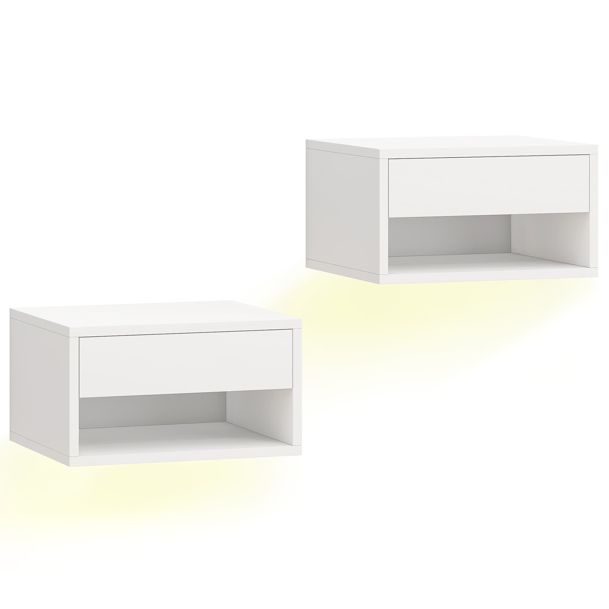 HOMCOM Lot de 2 tables de chevet suspendues avec éclairage LED RGB contrôle par application, étagère, tiroir, 37x32x21cm, blanc