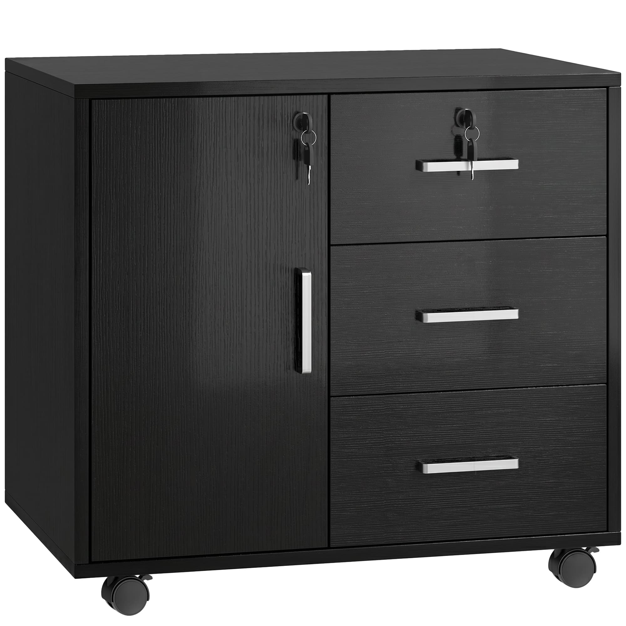 HOMCOM Caisson bureau meuble de rangement verrouillable avec 3 tiroirs et étagère réglable, roulettes, 40 x 60 x 56 cm, noir