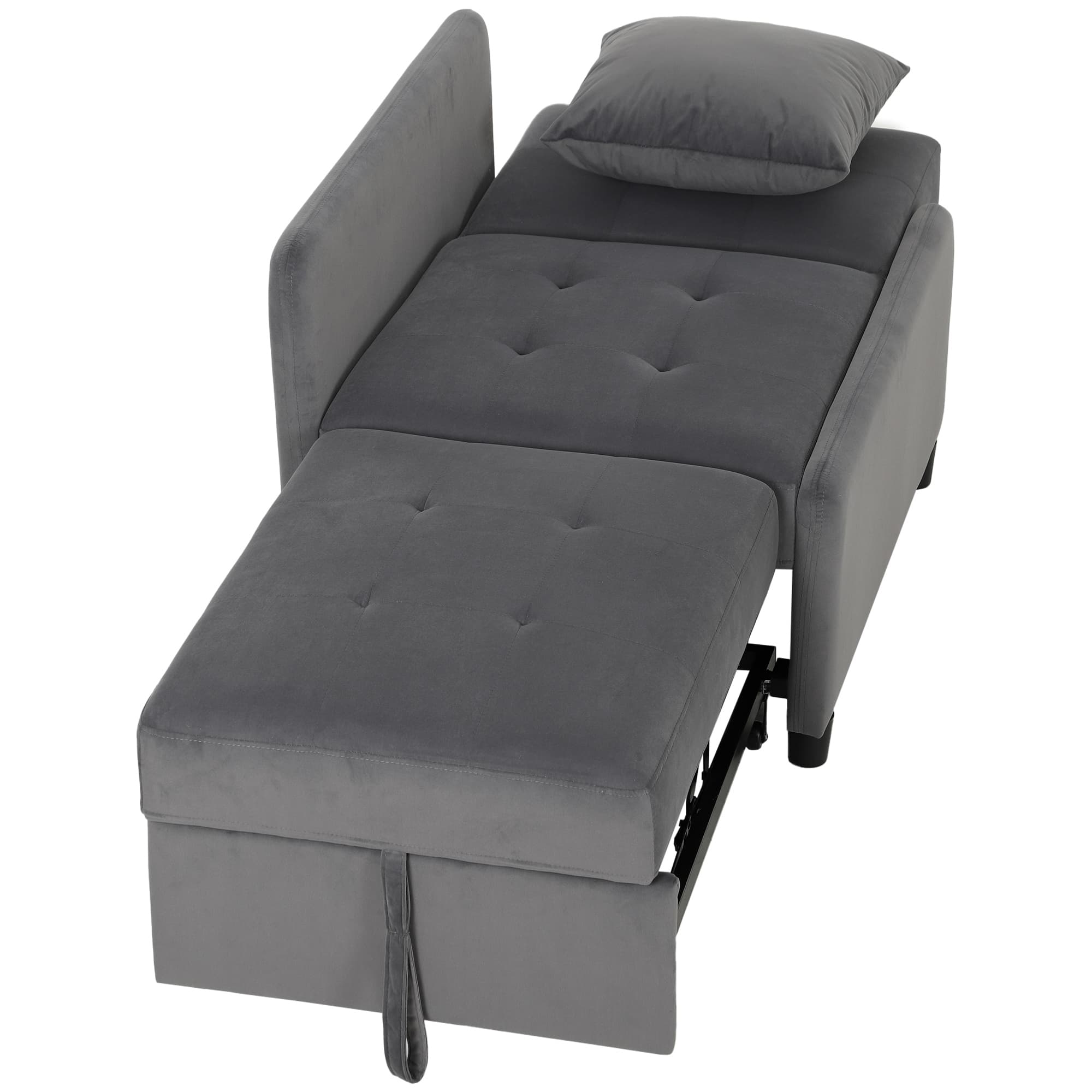 HOMCOM Fauteuil‐lit une place 4 en 1 extractible capitonné, inclinable, en velours, Gris foncé