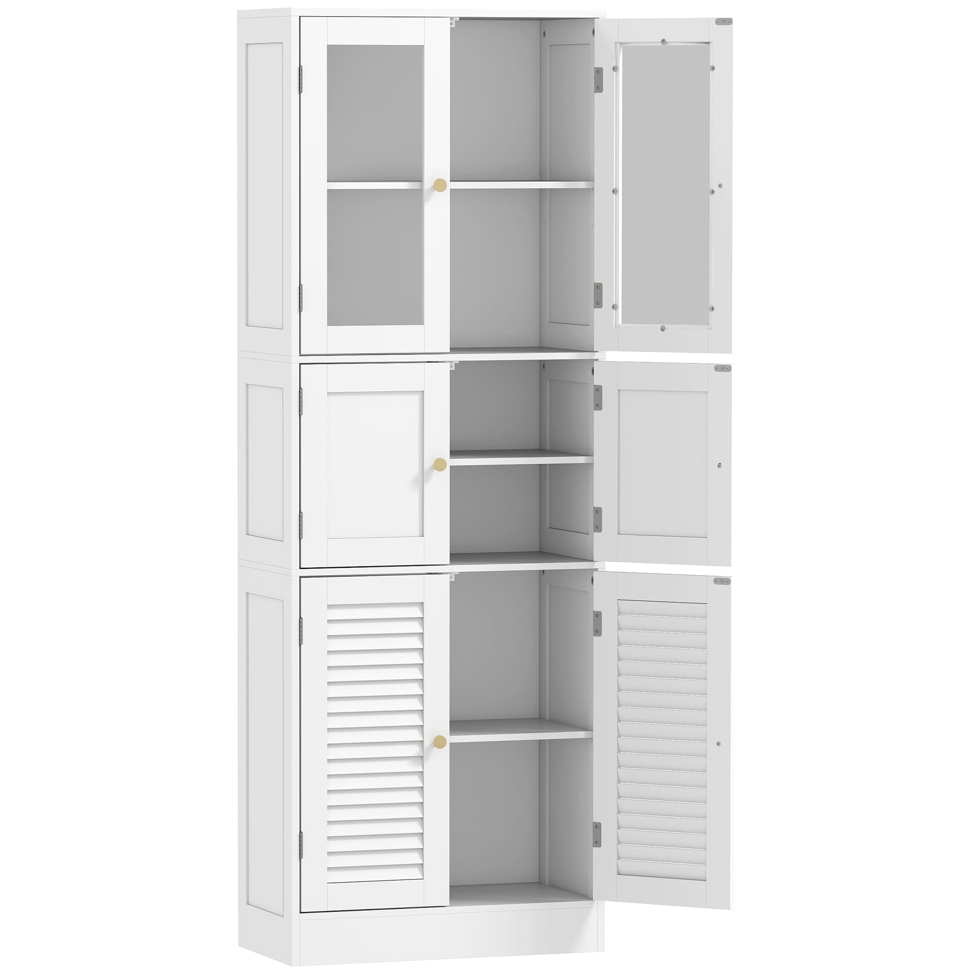HOMCOM Meuble de salle de bain haut, meuble de rangement avec 6 portes dont 2 vitrées et 2 persiennes, étagère réglable, blanc