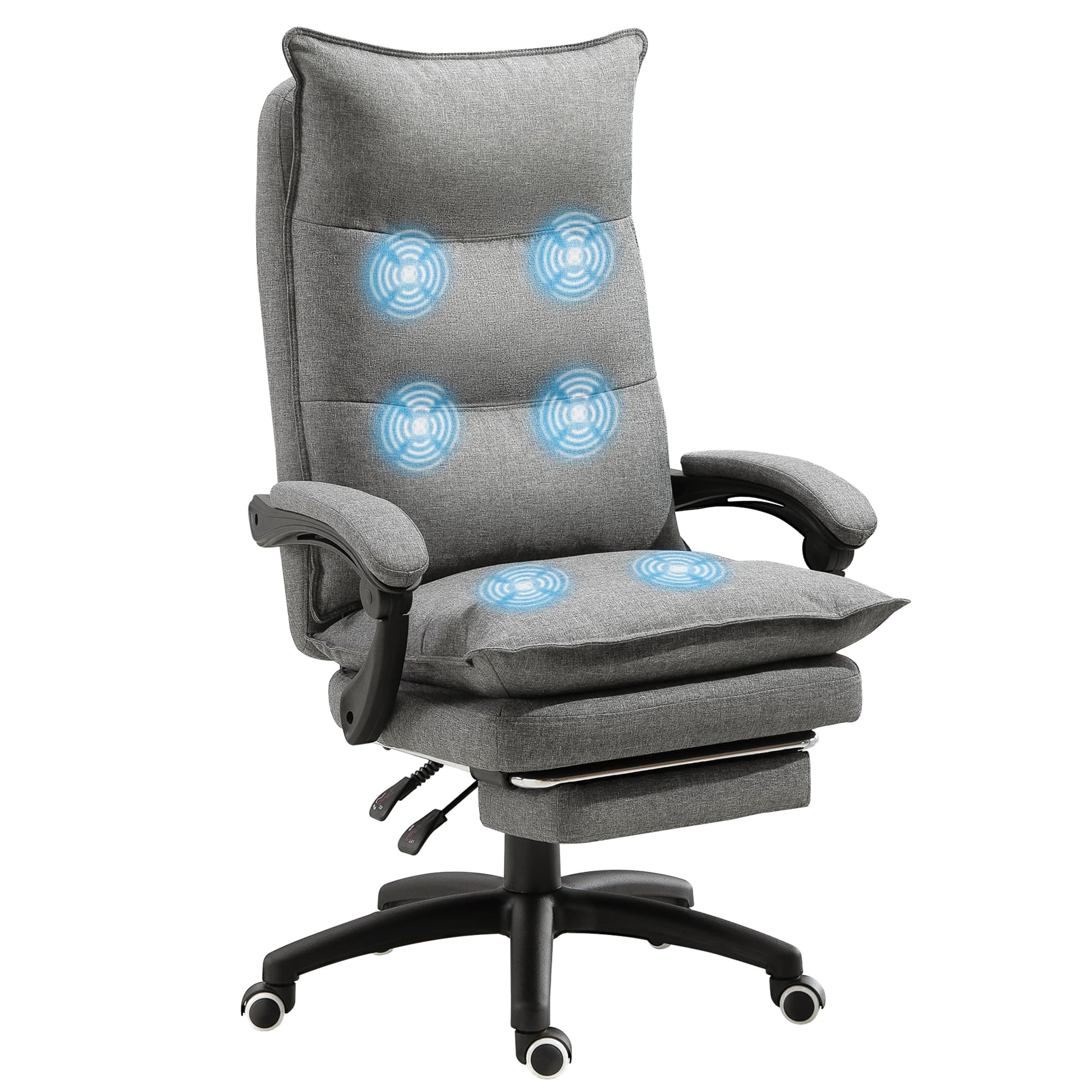 HOMCOM Fauteuil de bureau direction massant hauteur réglable dossier inclinable repose-pied intégré toile de lin gris chiné