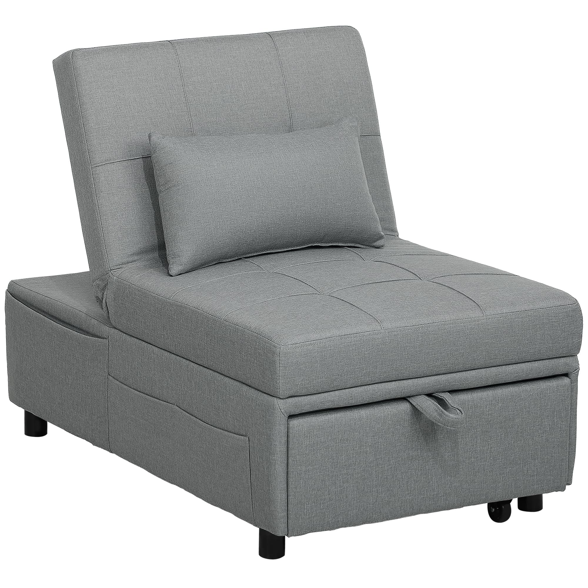 HOMCOM Fauteuil 3-en-1 avec poche latérale, lit d'appoint avec coussin, dossier réglable, fauteuil-lit sur roulettes, Gris clair