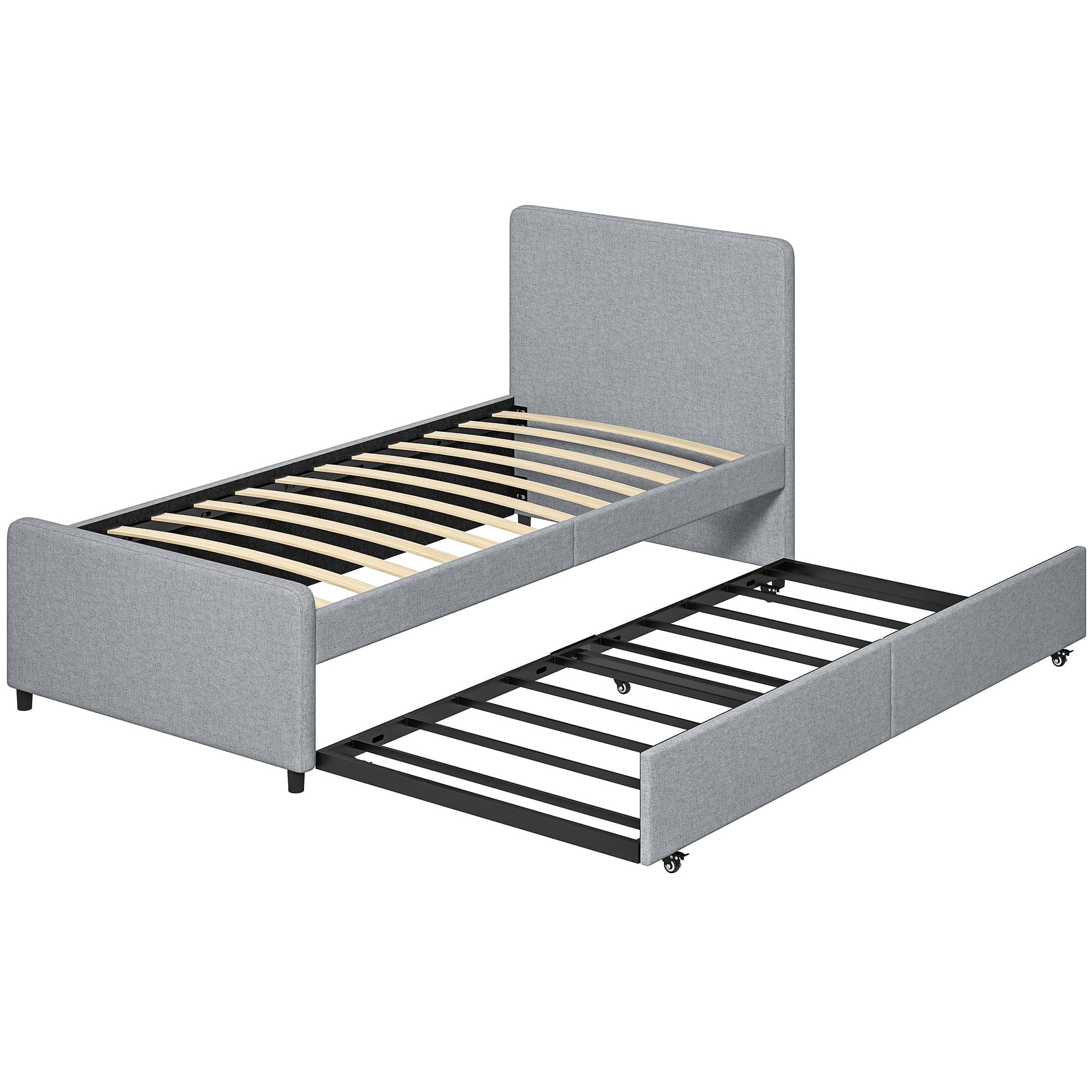 HOMCOM Lit gigogne 90 x 190 cm, cadre de lit simple/double avec sommier à lattes en bois, tête et pied rembourrés, gris clair
