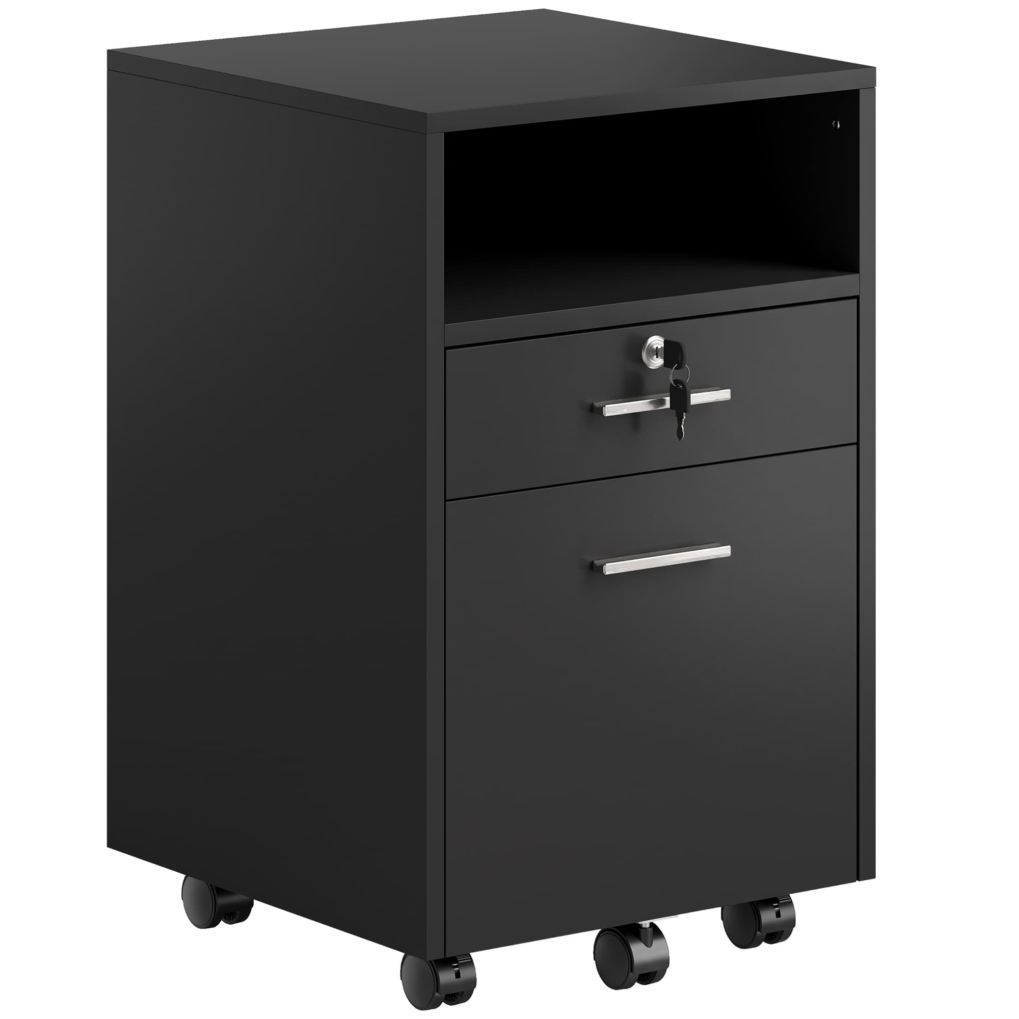 Vinsetto Caisson de bureau à roulettes, 2 tiroirs, un tiroir verrouillable, 5 roulettes, Noir, 40 x 40 x 65 cm
