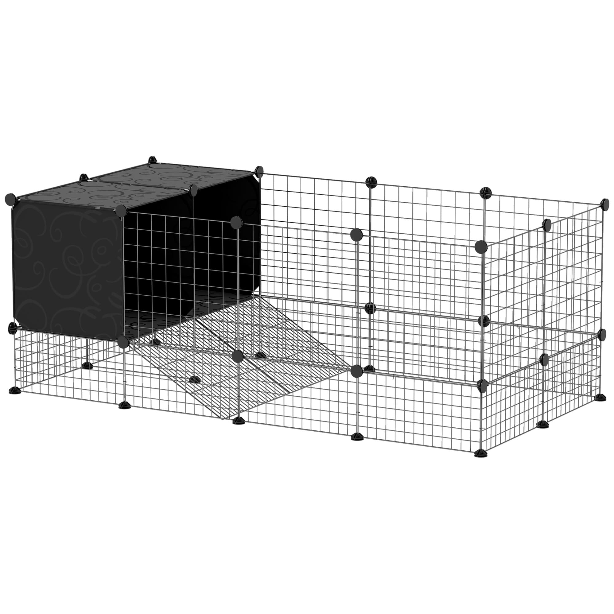 PawHut Enclos pour petits animaux, cage à lapin modulable 31 panneaux avec niches surélevées, en acier, 140x70x52cm, noir