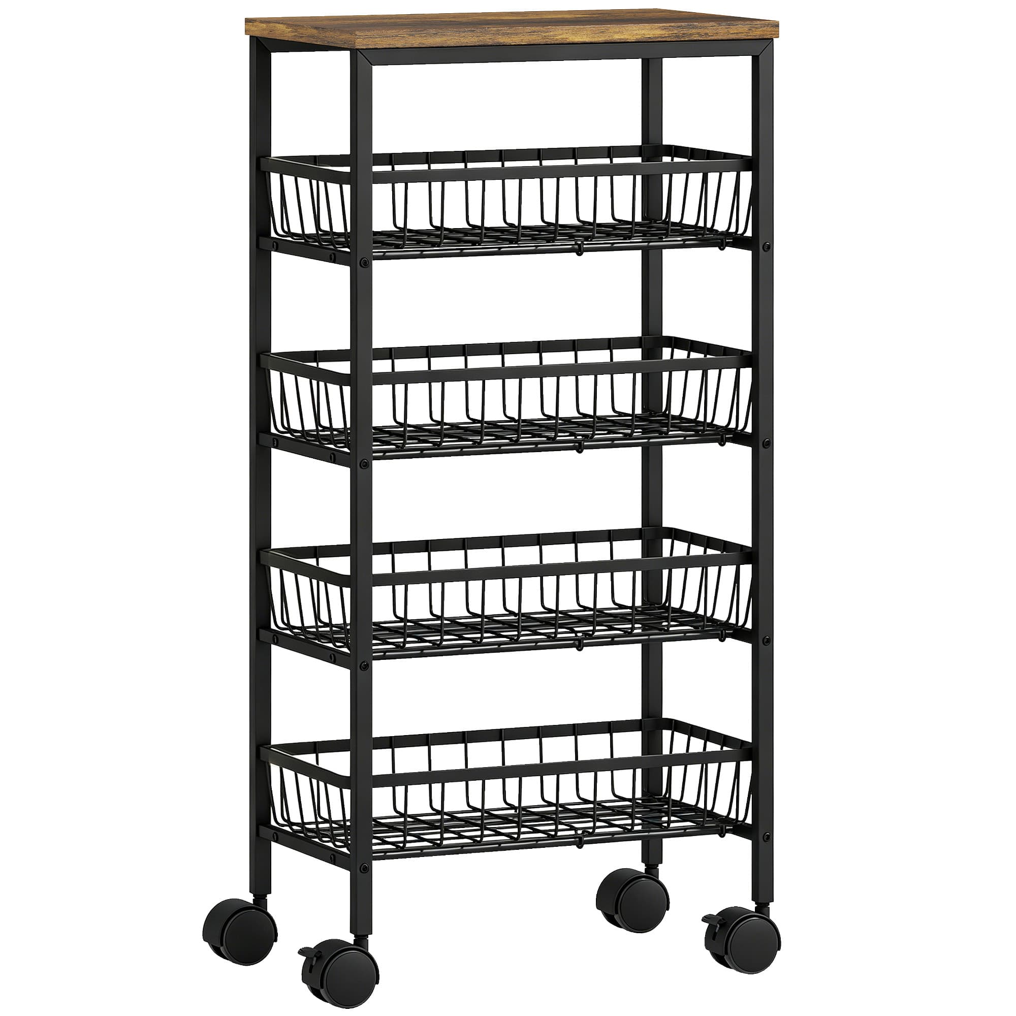 HOMCOM Chariot de service à roulettes 4 niveaux, chariot de cuisine avec 4 paniers coulissants, chariot de rangement sur roulettes pour cuisine