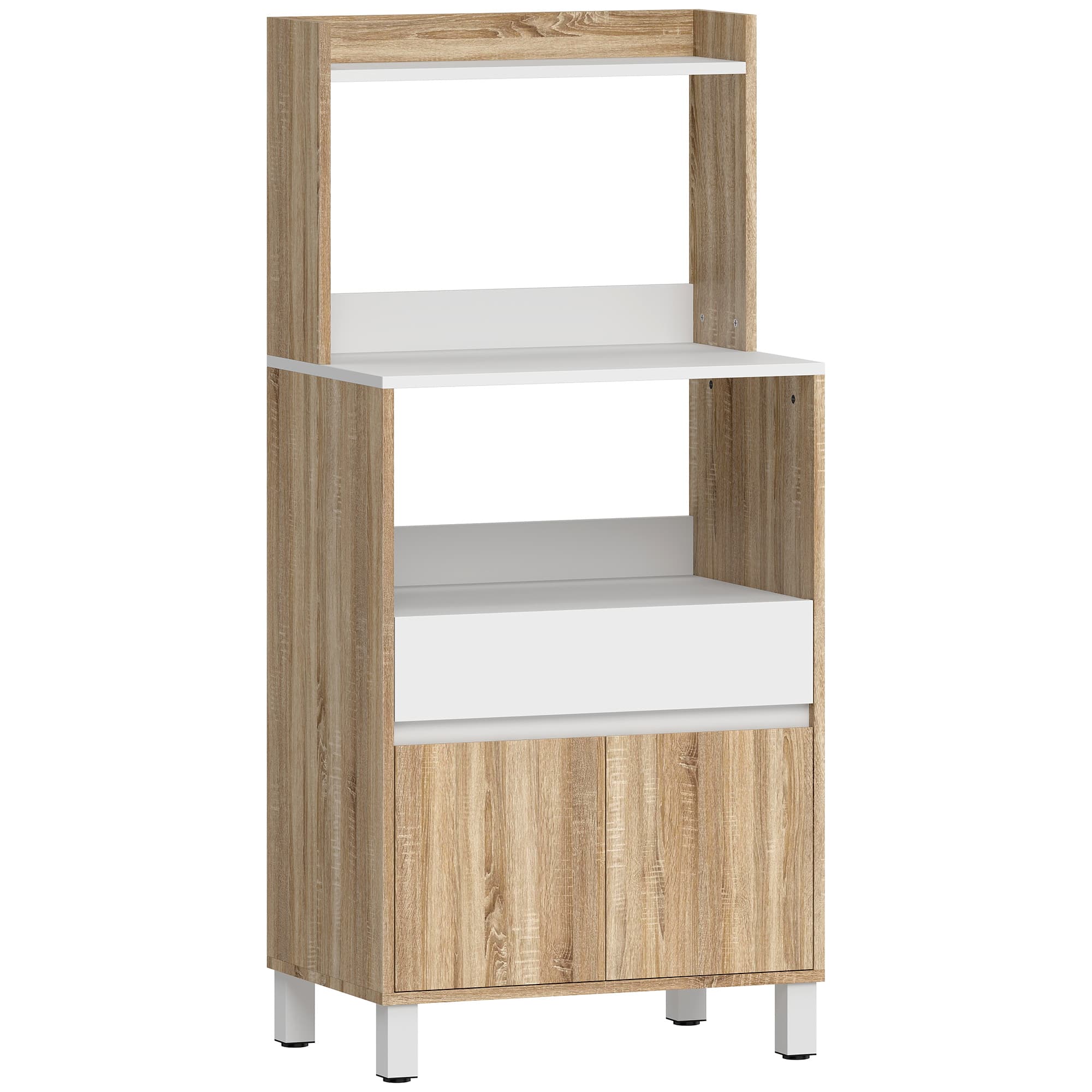HOMCOM Meuble Micro-Ondes, Buffet Cuisine avec Tiroir, 2 Portes à Fermeture Douce, Plan de Travail et Étagères Ouvertes, Chêne