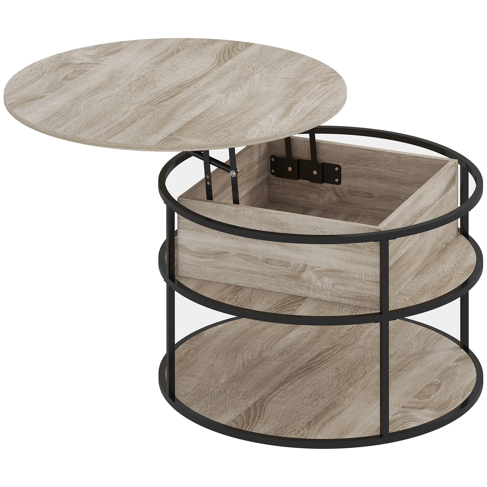 HOMCOM Table basse ronde à plateau relevable, rangement, étagères latérales, cadre en acier, table basse, Chêne