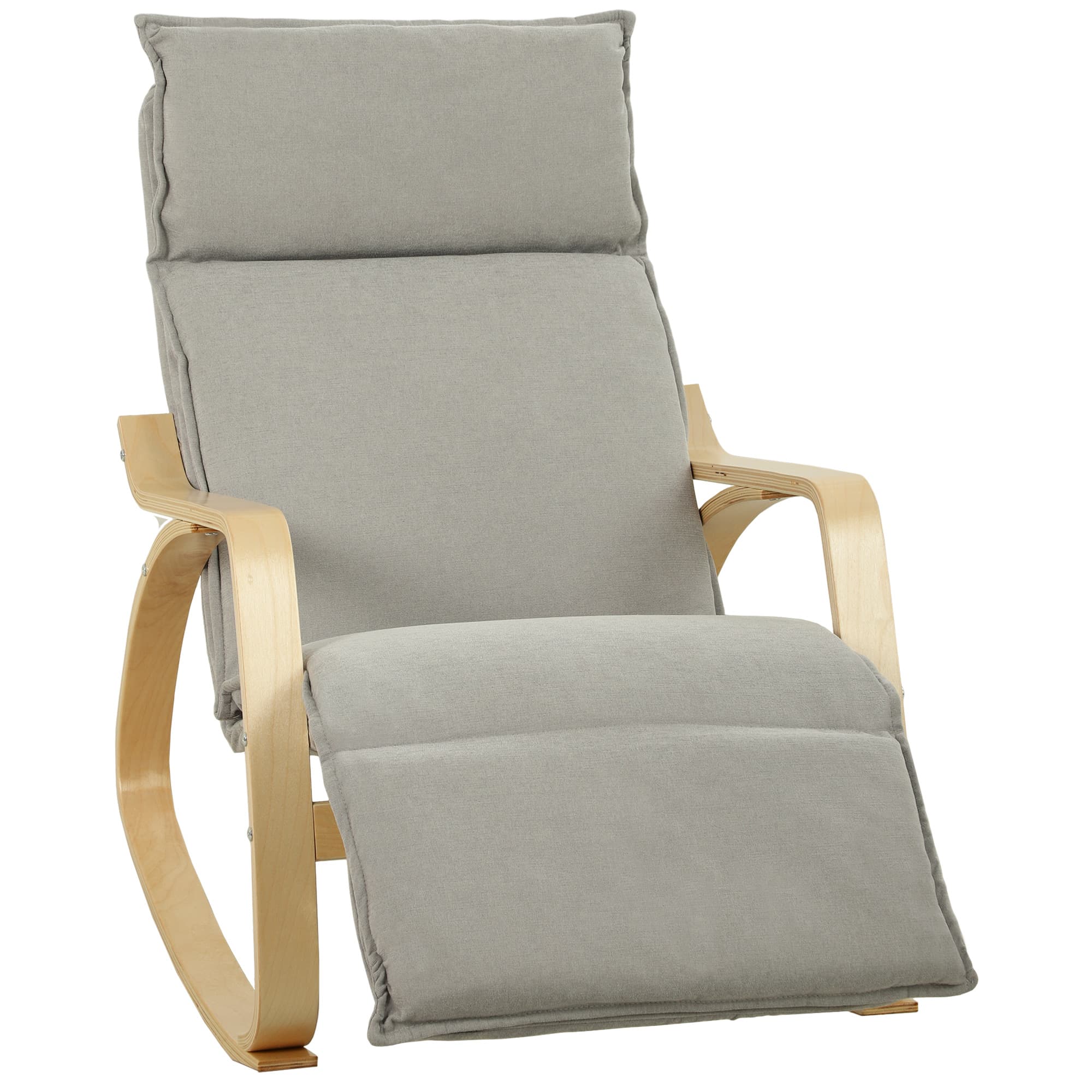 HOMCOM Fauteuil à bascule avec Repose-pieds Réglable en 5 Positions Accoudoirs en Bois Rembourrage Double Couche Gris clair