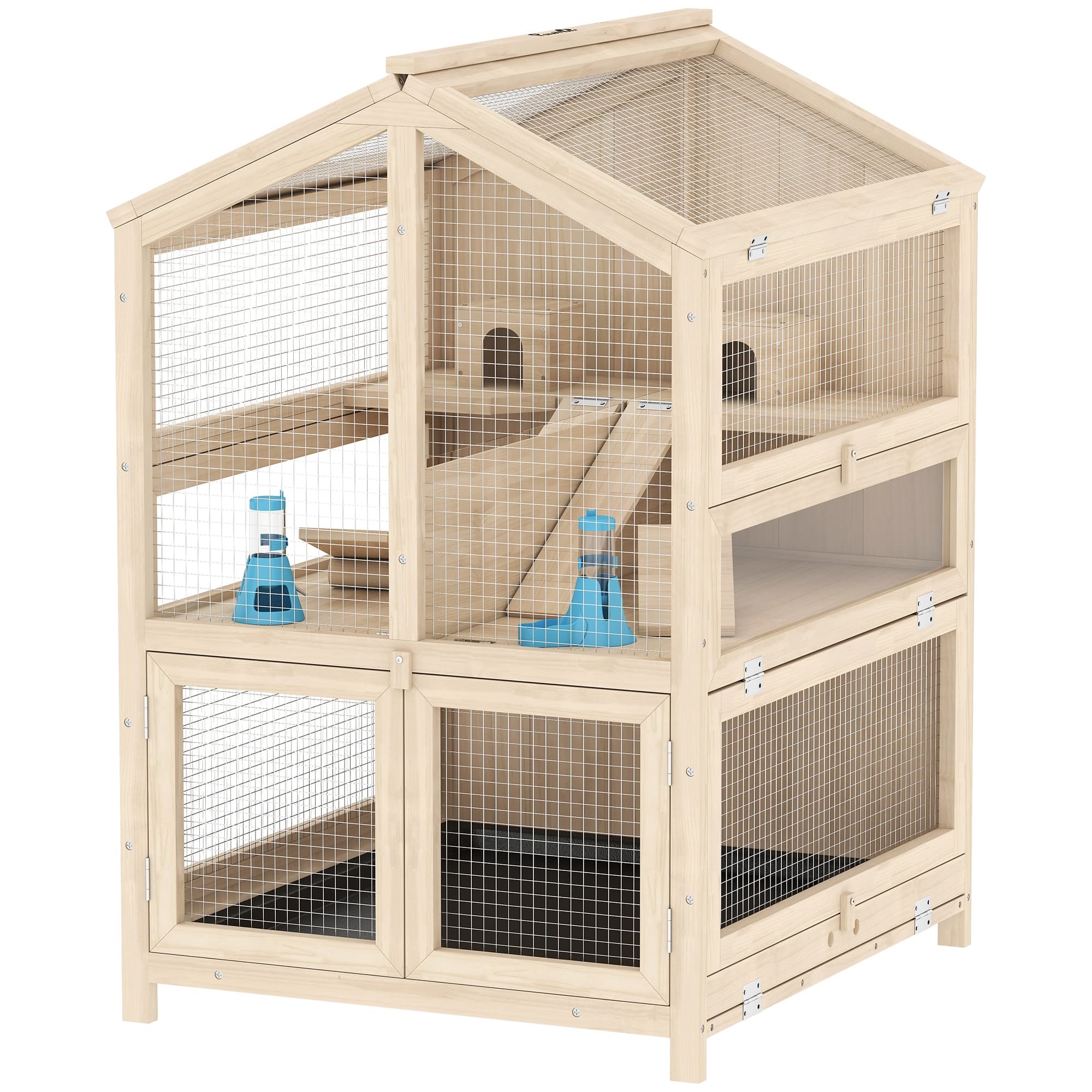 PawHut Cage Hamster 3 Étages en Bois avec Bac Amovible, Couvercle Ouvrant, Bascule, Cabane, Fenêtre, 68x61,5x90cm, Naturel