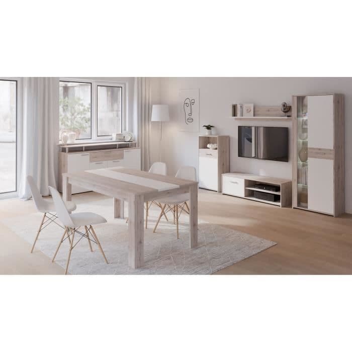 Ensemble meuble télé - buffet 170cm - table a manger 160cm - Contemporain - Blanc et décor chene