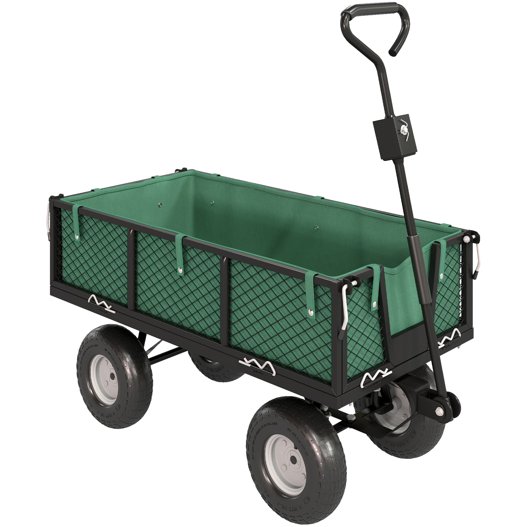 Outsunny Chariot de Jardin 300 kg, Chariot Remorque avec Bâche Amovible et Poignée Rotative à 180°, Parois Rabattables, Vert