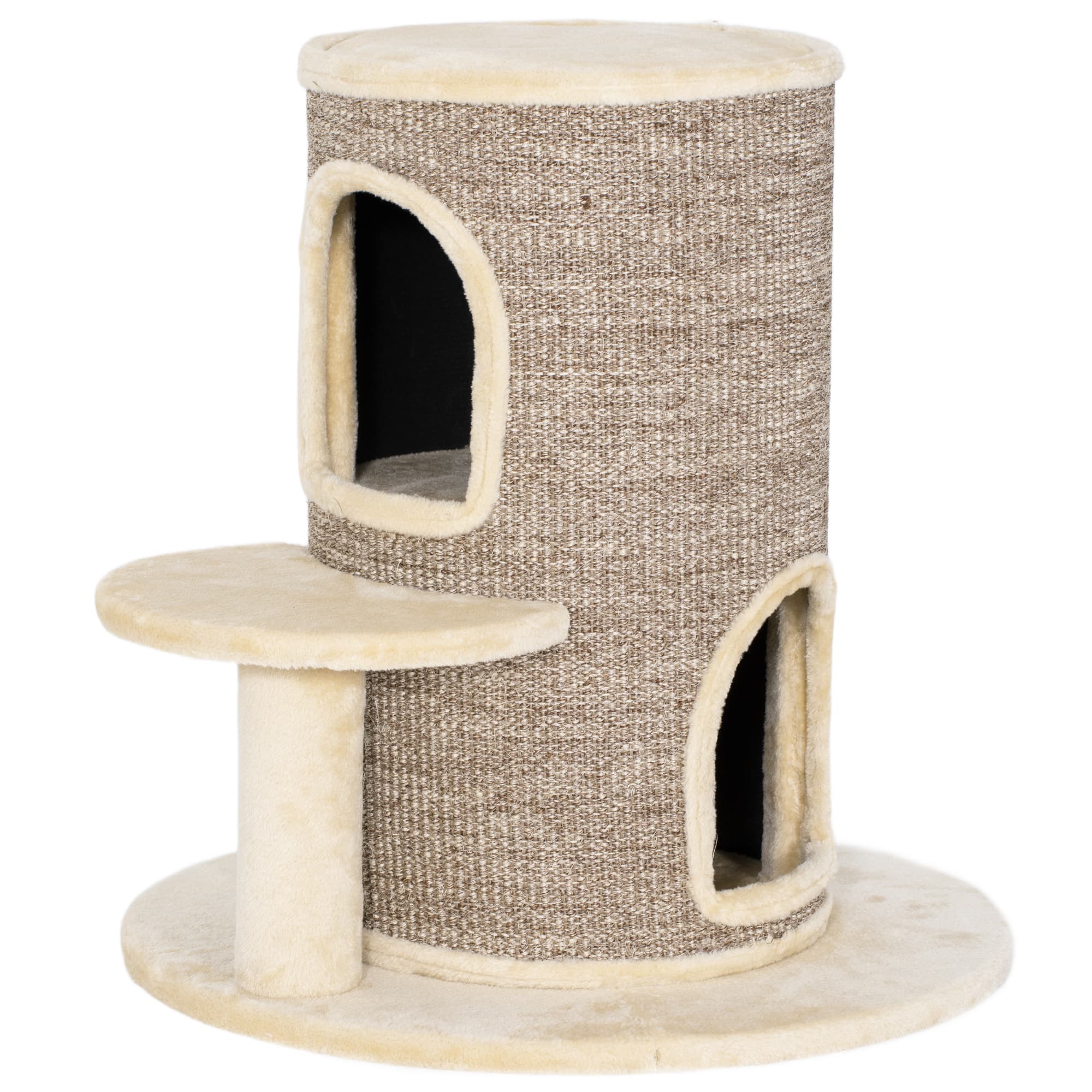 PawHut Tonneau à gratter tour à griffer pour chat 2 niveaux avec plate-forme parfait pour griffes & jeu 60 x 60 x 61 cm beige